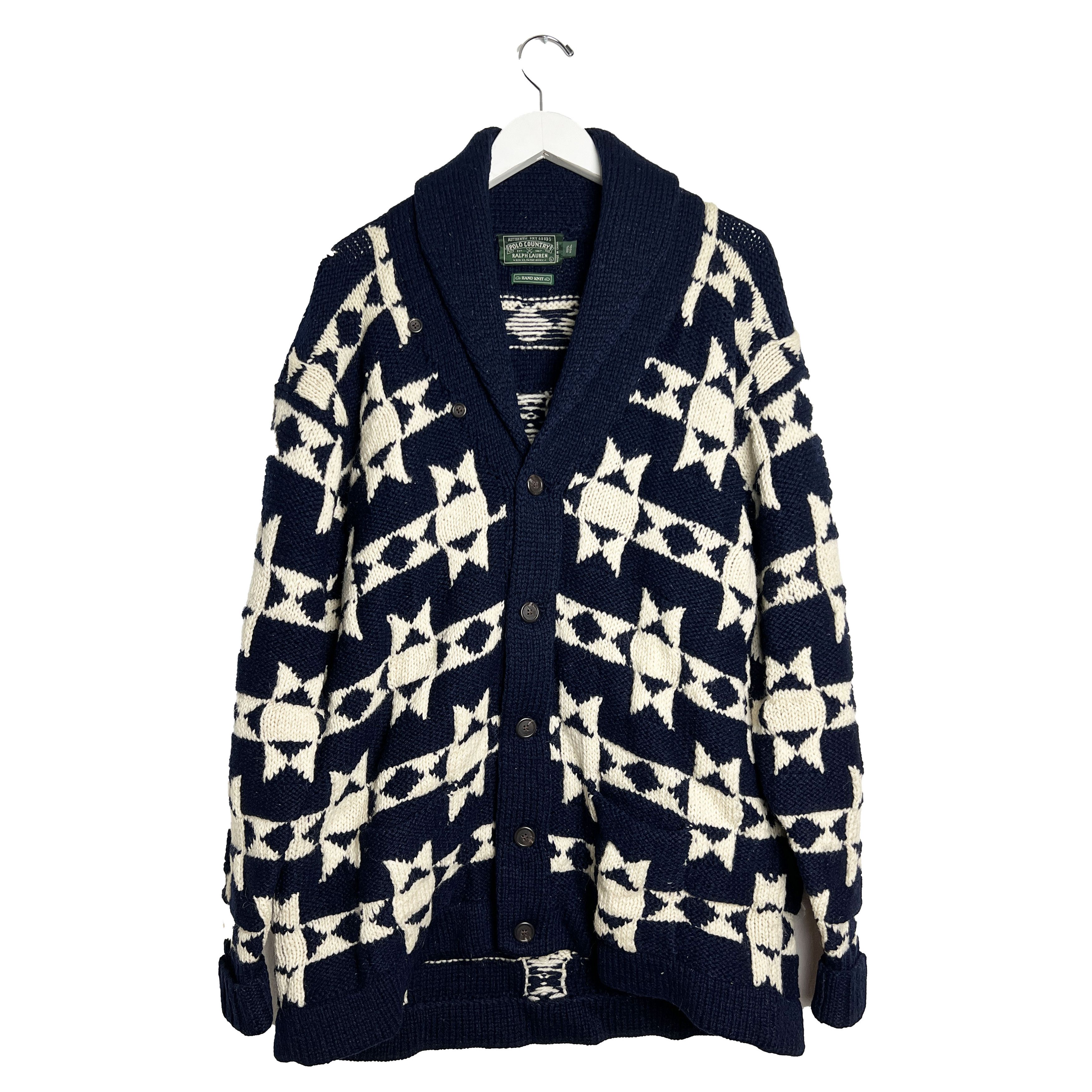 Ralph Lauren × Vintage Chunky Hand Knit Intarsia Cardigan Sweater Size US L / EU 52-54 / 3 - 1 Thumbnail