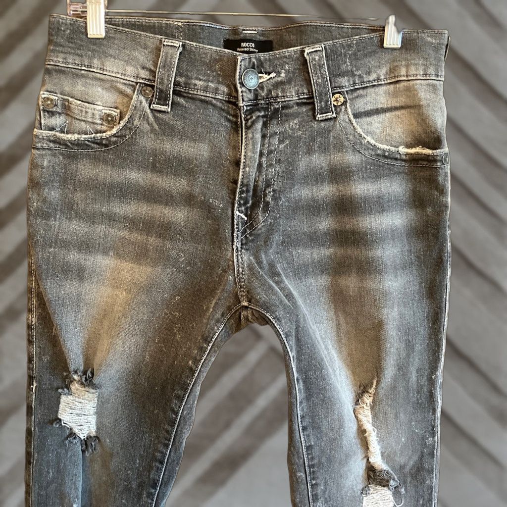True Religion VINTAGE True Religion Jeans Gray Wash Rocco Relaxed Skinny Distressed Stretch 29 Mens Cotton Spandex Charcoal Wash 5-Pocket Size US 29 - 1 Thumbnail