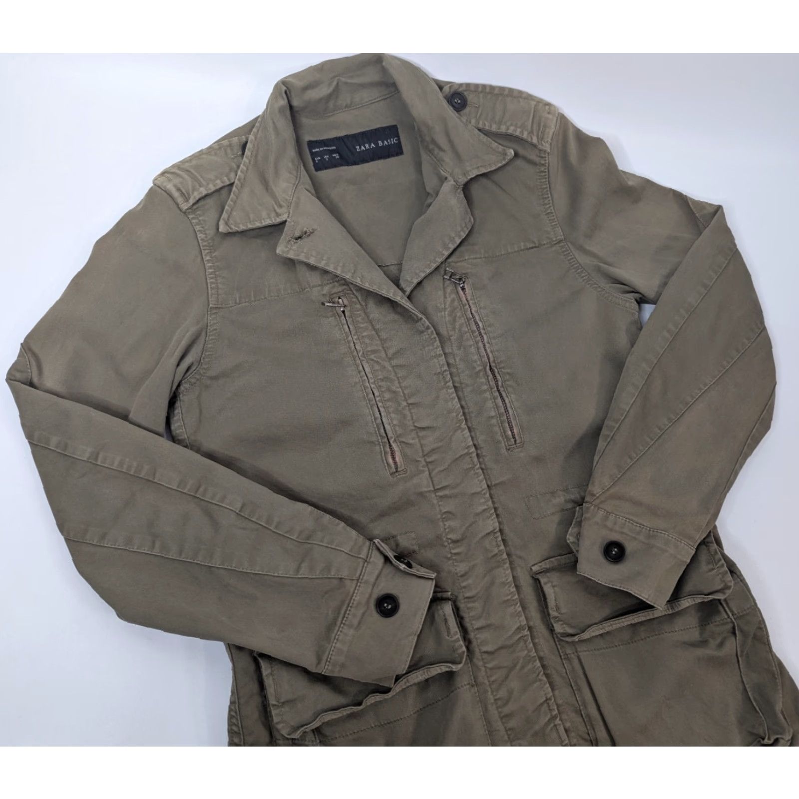 Zara VINTAGE Zara Basic Women Army Green Olive Military Utility Khaki Jacket Size Small Size S / US 4 / IT 40 - 2 Thumbnail