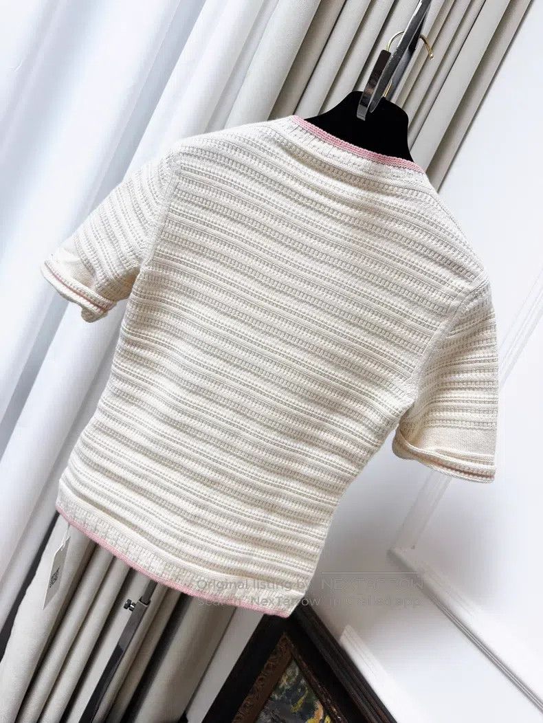 Loro Piana Loro Piana Beige Cashmere Knit Short Sleeve with Pink Edge Size XS / US 0-2 / IT 36-38 - 2 Thumbnail
