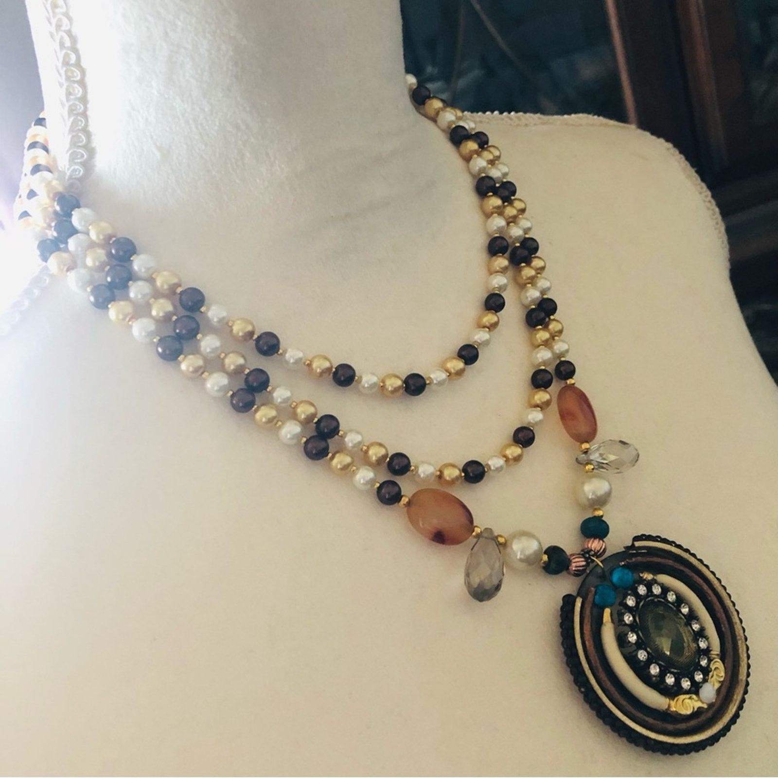 Handmade Handcrafted repurpose large amulet pendant Pearl necklace Size ONE SIZE - 3 Thumbnail