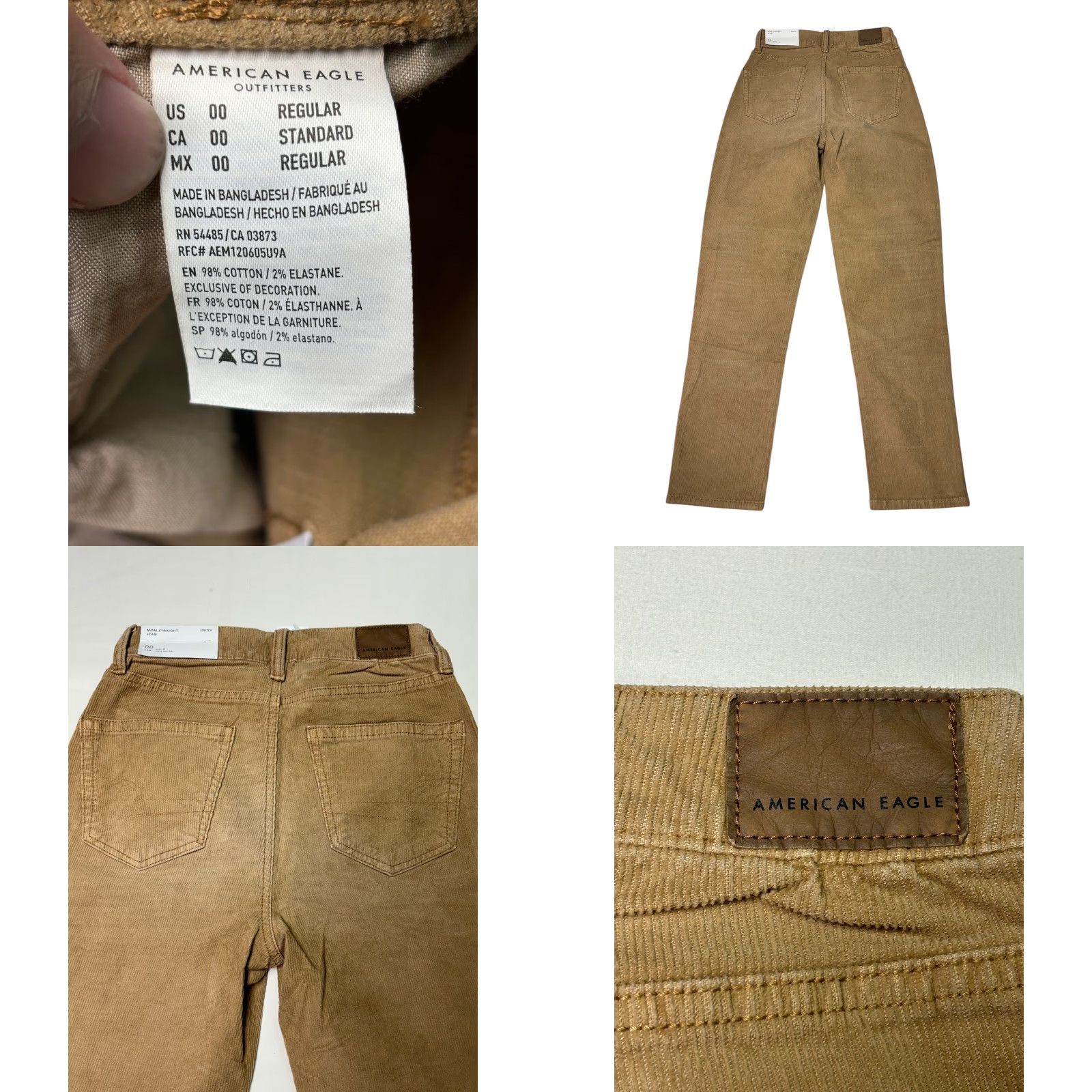 American Eagle Outfitters VINTAGE American Eagle Jeans Corduroy Mom Straight Womens 00 24x28 Tan High Rise Stretch Pockets Logo Button Solid Size 24" / US 00 / IT 34 - 8 Thumbnail