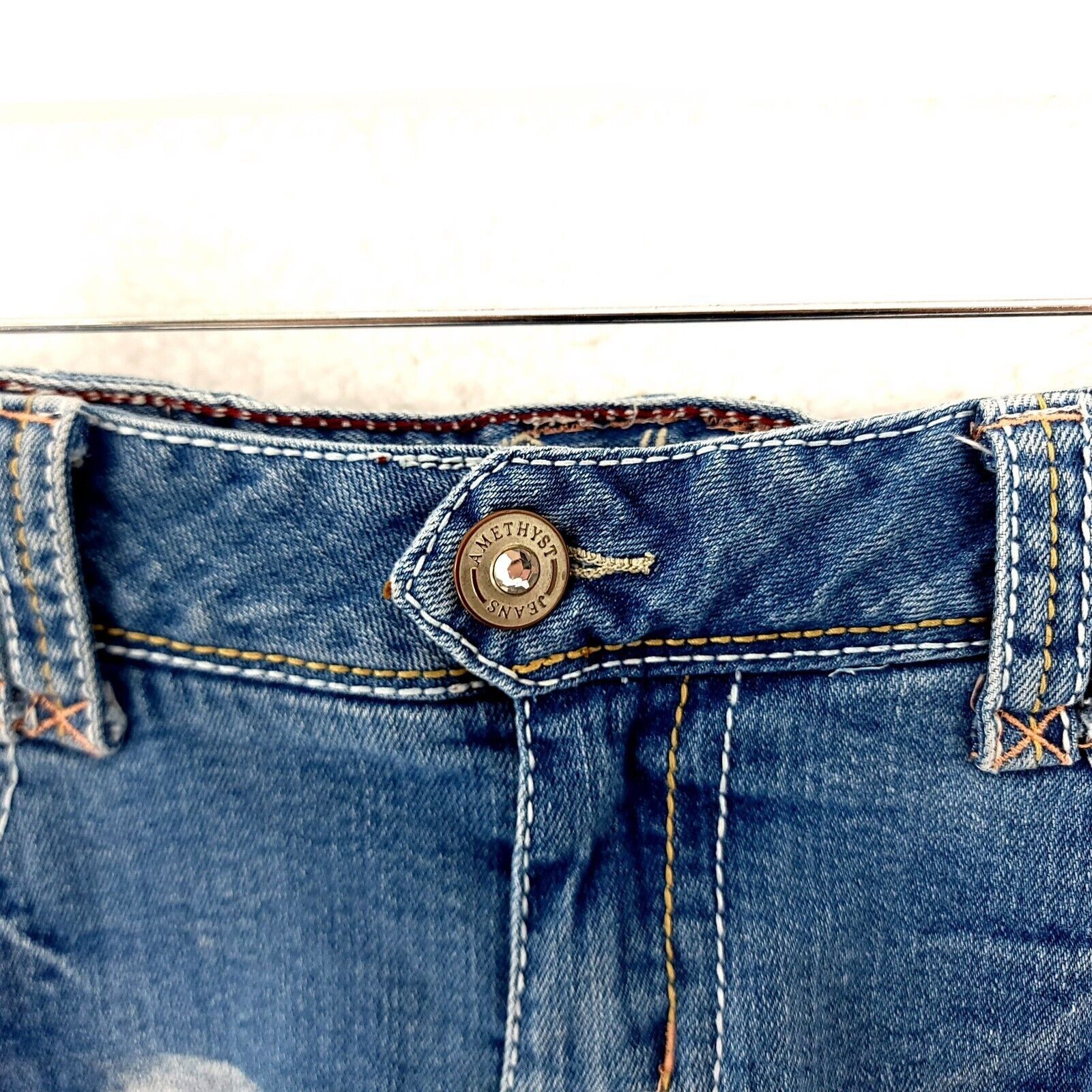 Other Amethyst Jean Denim Shorts Blue Whiskering Distressed Low Ri Size 31" - 4 Thumbnail