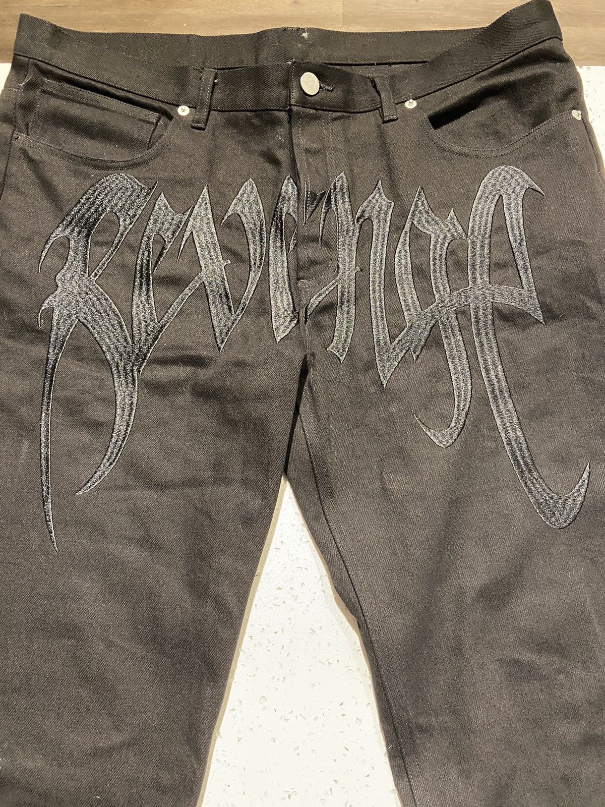 image of Revenge Denim Black Embroidered Jeans in Black Black, Men's (Size 33)