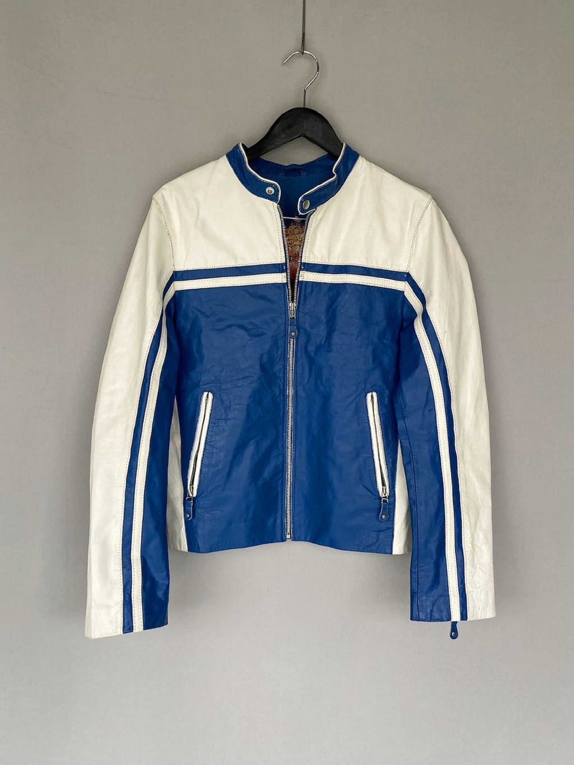 image of Men's Fashion Leather Jacket Streetwear in Blue White (Size Medium)