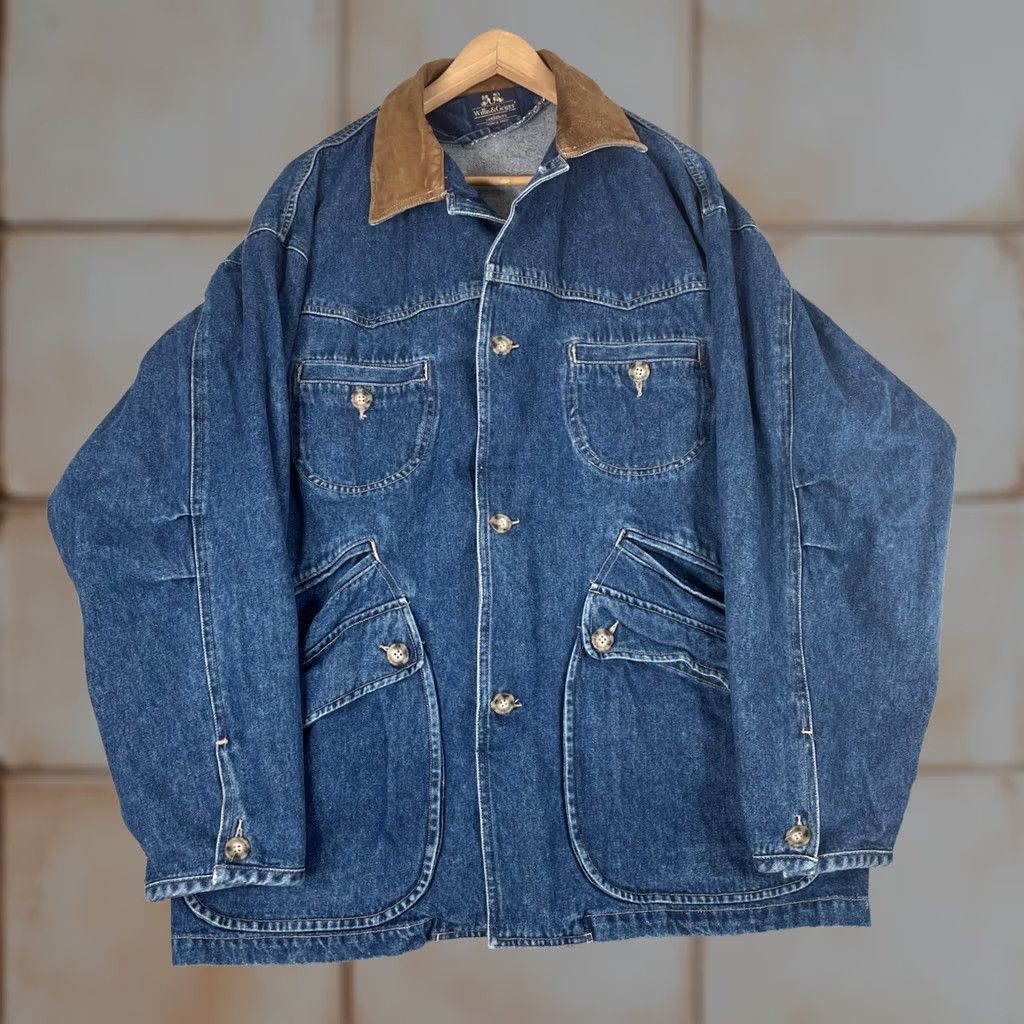 Vintage VINTAGE Willis & Geiger Denim Chore Jacket Mens Medium Blue Leather Collar Field Coat Size US M / EU 48-50 / 2 - 1 Thumbnail