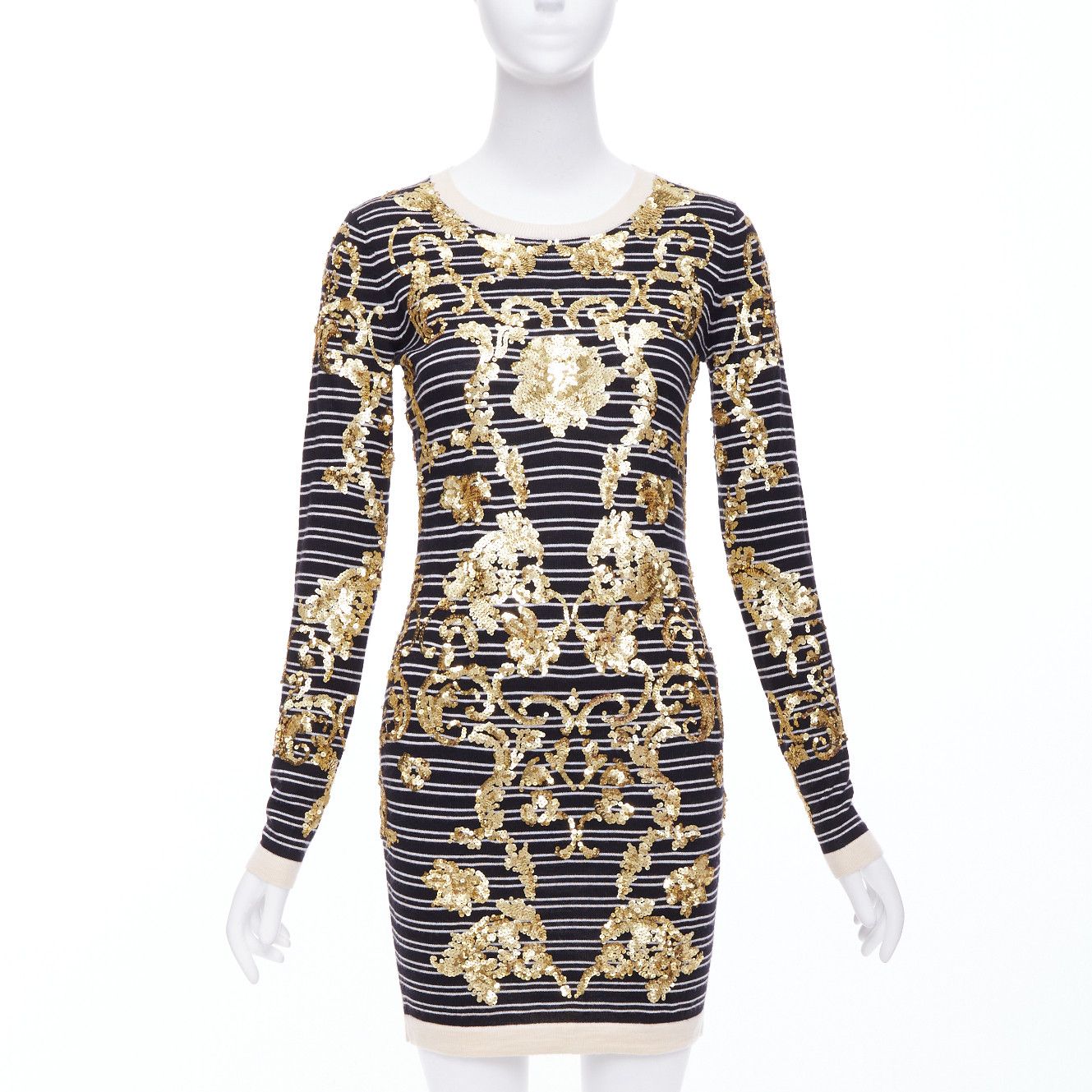 MARKUS LUPFER gold sequins black 100% merino wool striped sweater dress S, image size:1329x1329