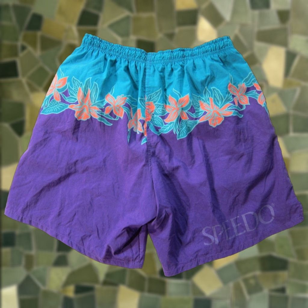 Speedo VINTAGE Speedo Nylon Purple Green Floral Hawaiian Pocket Swim Board Short M-L Size US 34 / EU 50 - 1 Thumbnail