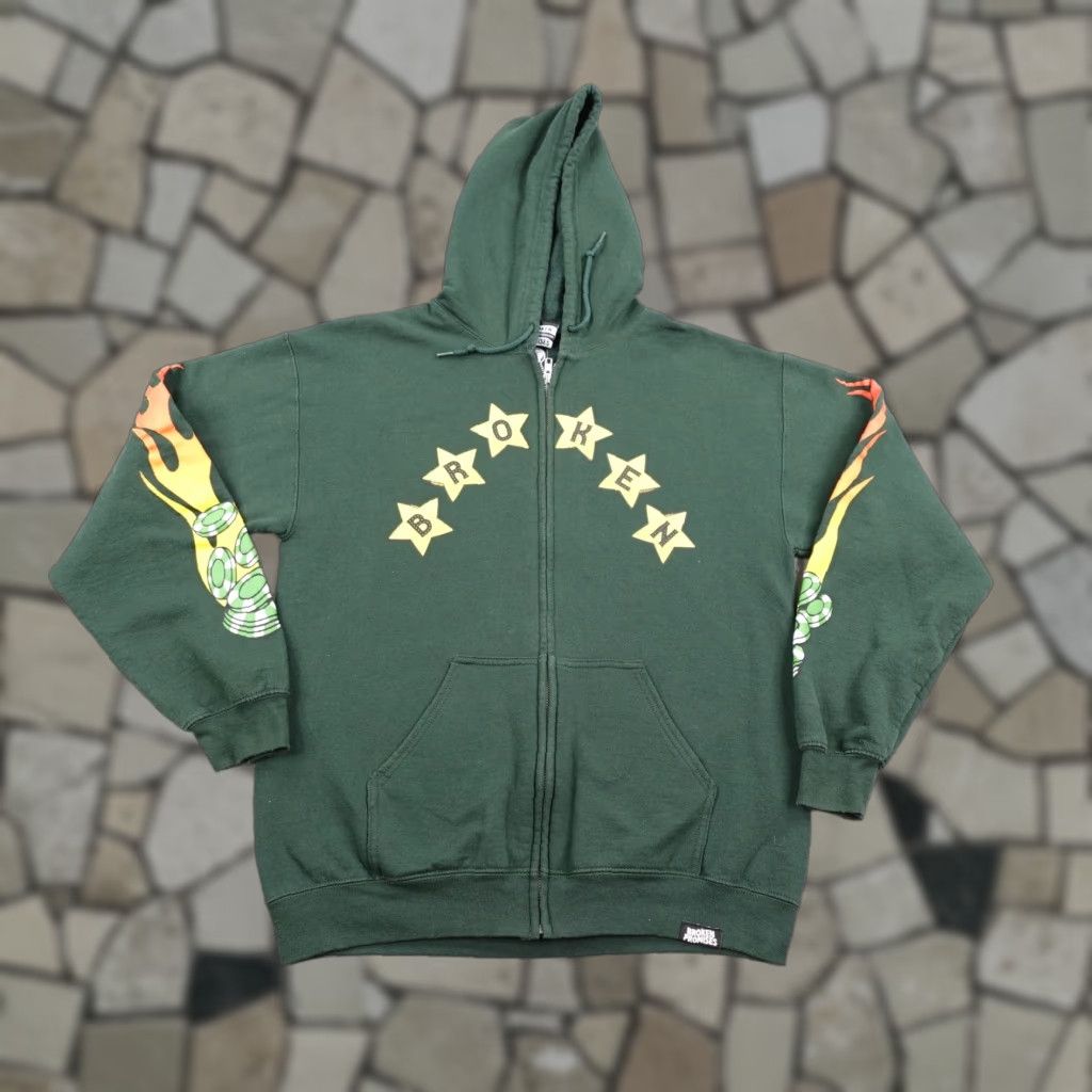 Broken Promises Co. Broken Promises Hoodie Mens Medium Green Full Zip Graphic Print Casino Poker Flames Size US M / EU 48-50 / 2 - 1 Thumbnail