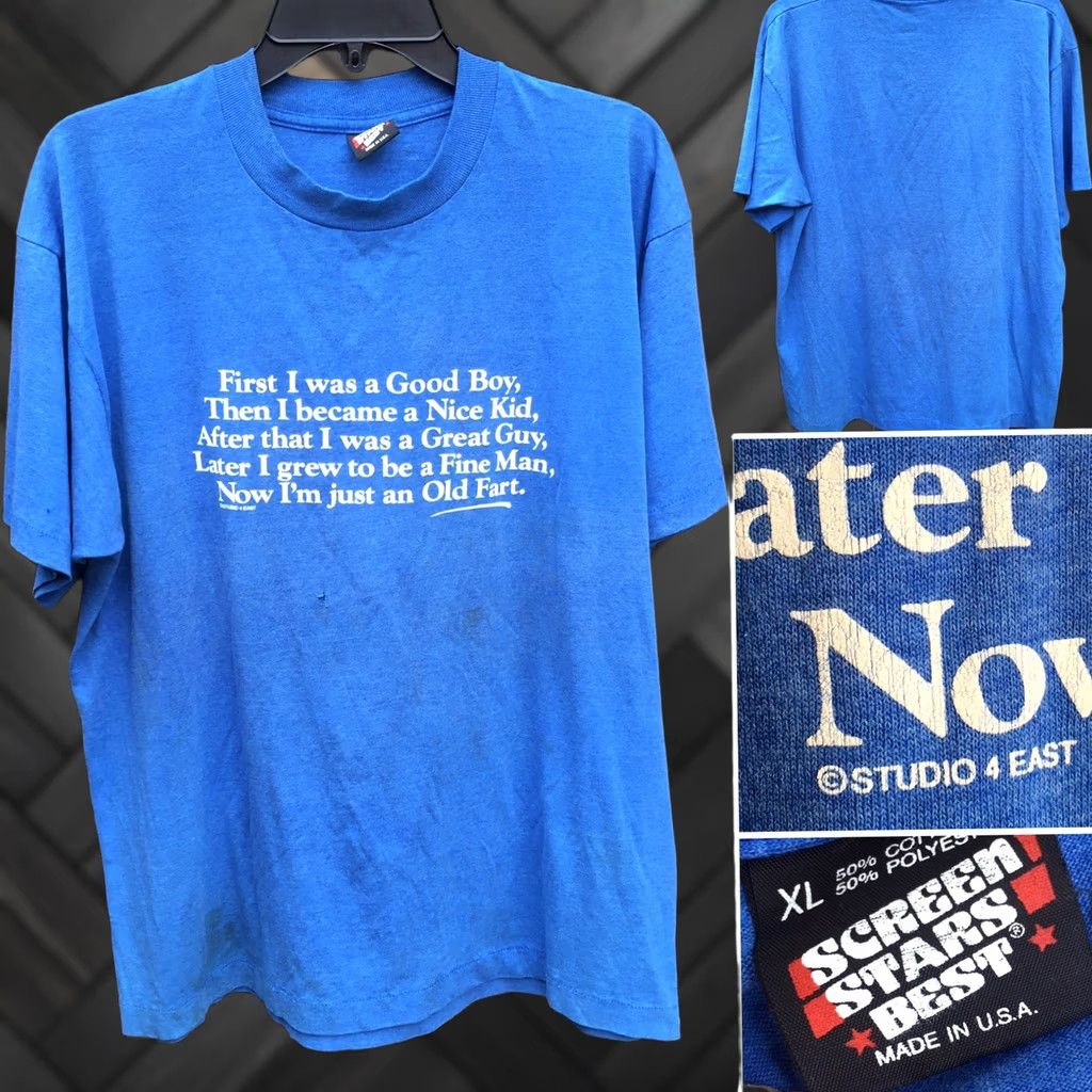 Vintage VINTAGE Old Fart T-Shirt Screen Stars c STUDIO 4 EAST XL Blue 1980s 50/50 Single Stitch Made In USA Mens Graphic Tee Size US XL / EU 56 / 4 - 1 Thumbnail
