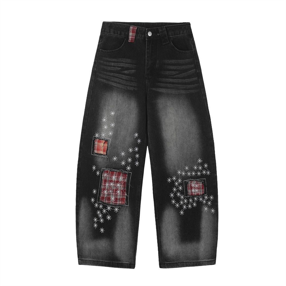 Japanese Brand × Jean Men's loose trendy plaid patch embroidery washed jeans y2k Size US 32 / EU 48 - 1 Thumbnail