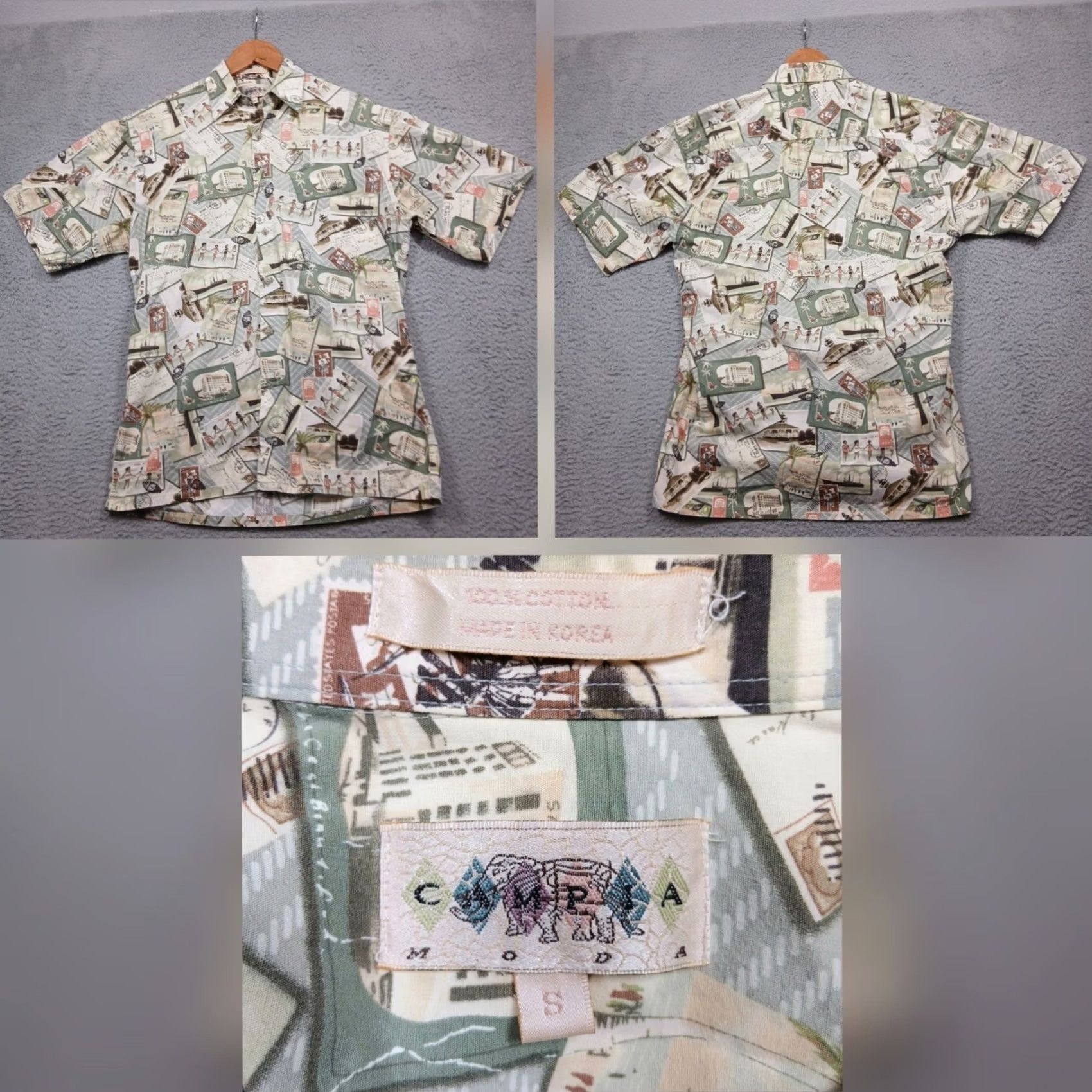 Vintage VINTAGE Moda Capra Hawaiian Shirt Mens S Short Sleeve Button-Down Cream Graphic Print Vintage Postcard Theme 90s? Travel Size US S / EU 44-46 / 1 - 2 Thumbnail