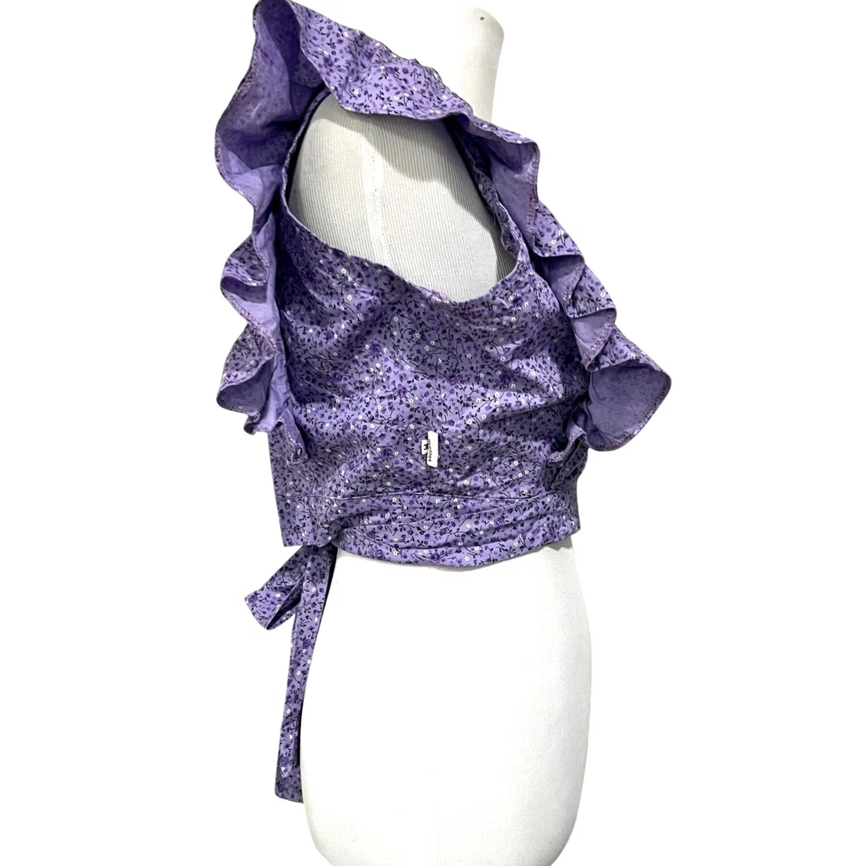 Vintage Purple Floral Crop Wrap Top T-Shirt Women's Medium Cotton Flutter Sleeve V-Neck Party/Casual Swinging Mexico 2020s Womens Size M / US 6-8 / IT 42-44 - 5 Thumbnail