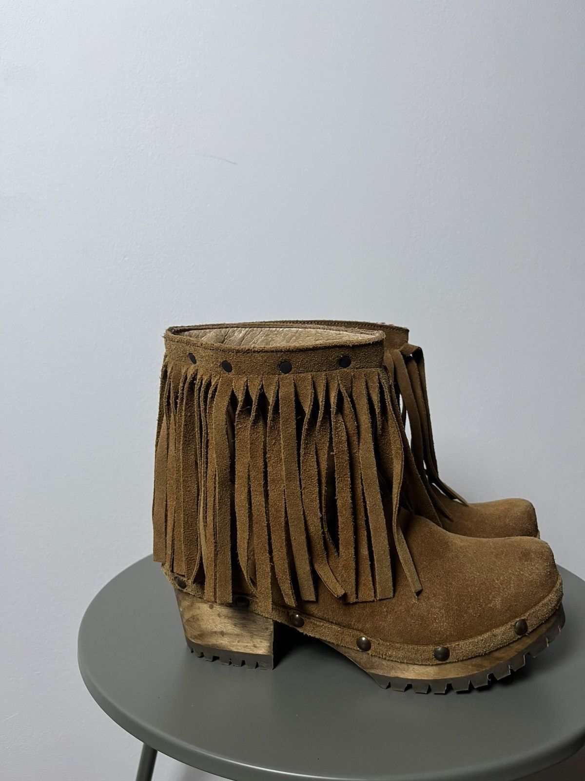 Cowboy Equipment × Vintage Western Fringe Suede Leather Boots with Wooden Platform Sole Size US 6 / IT 36 - 3 Thumbnail
