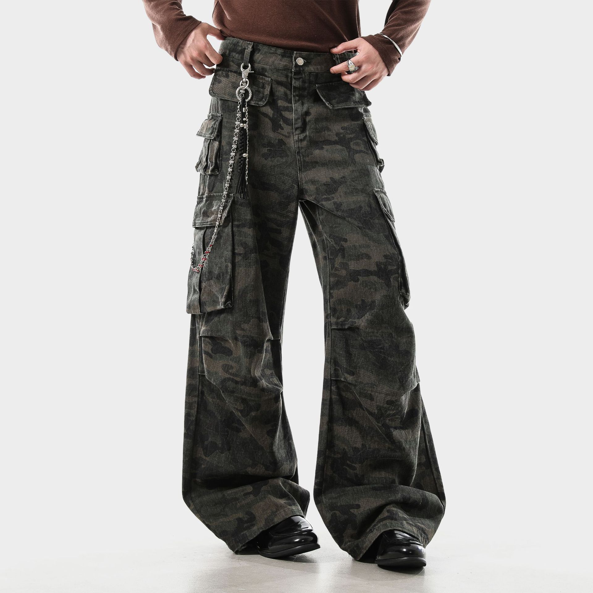 Japanese Brand Dark Green Camo Stacked Flared Cargo Pants, Wide Leg Pants Size US 32 / EU 48 - 3 Thumbnail