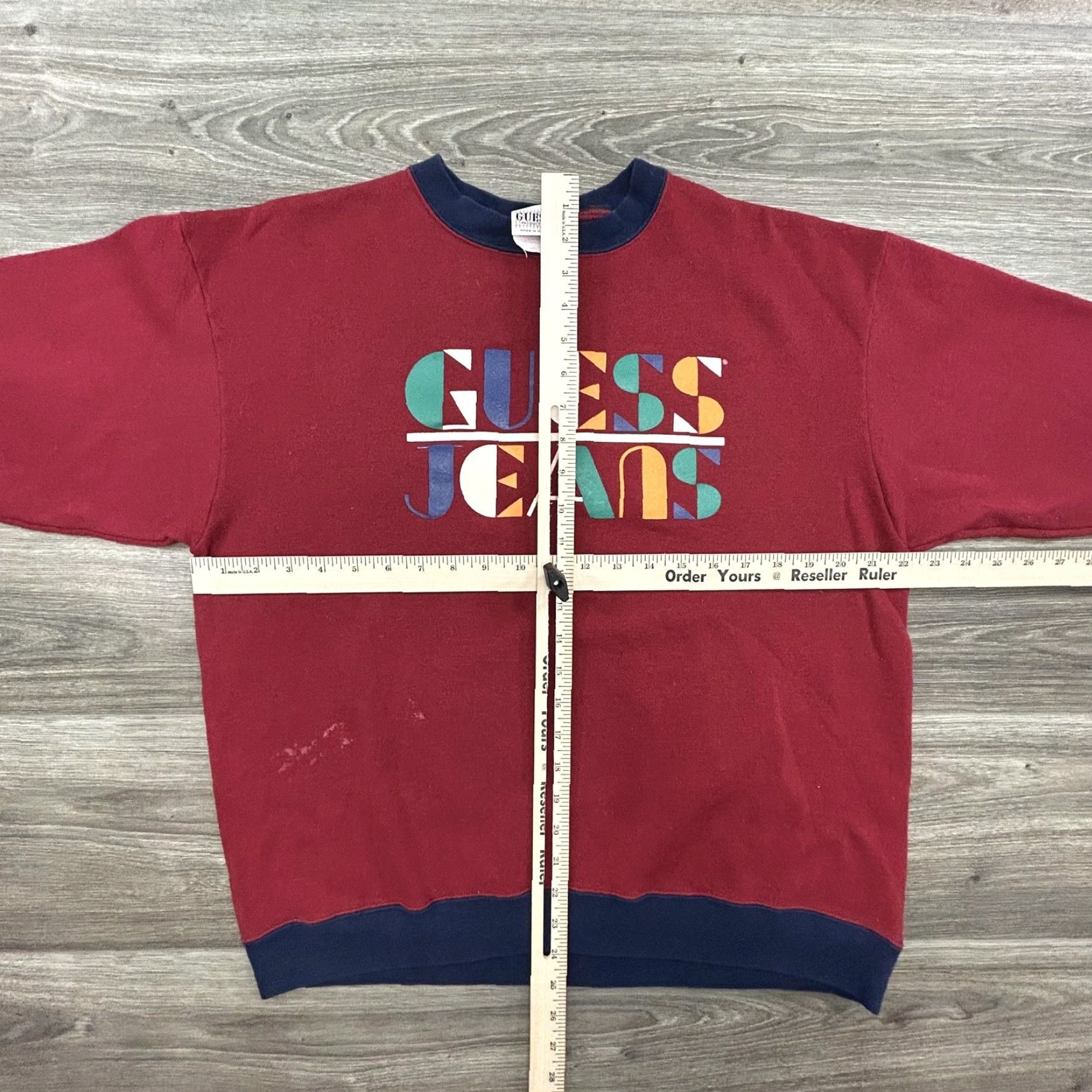Guess VINTAGE GUESS Sweatshirt Mens Large Burgundy Crewneck Made in USA 90s Graphic Print Logo Pullover Knit Cotton Red Reg Mens Size US L / EU 52-54 / 3 - 6 Thumbnail