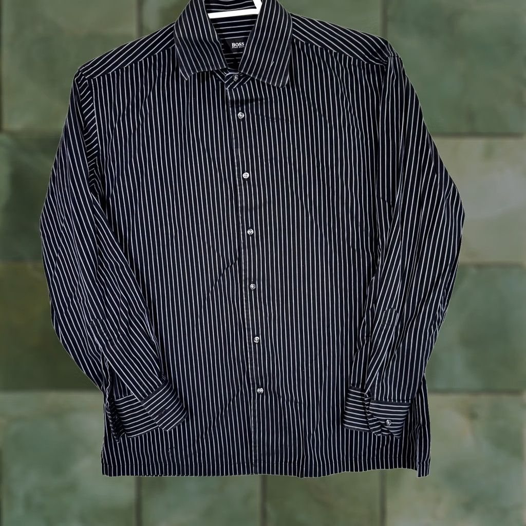 Hugo Boss HUGO BOSS Dress Shirt 17 (34/35 Sleeve) Black Pinstripe Long Sleeve Button-Up Shirt Mens Dress Shirt Size 46R - 1 Thumbnail