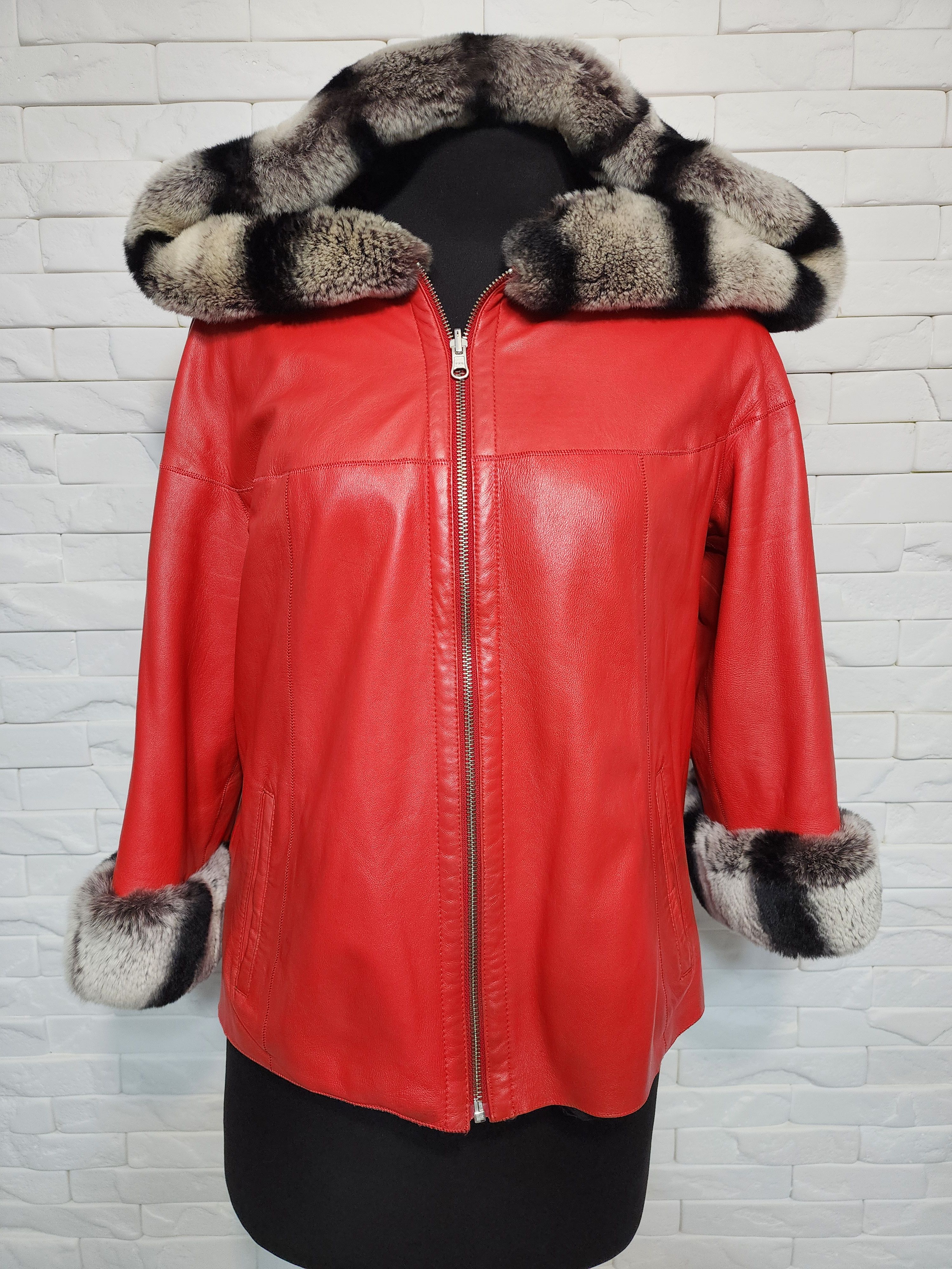 Designer Double-sided women's leather jacket with a hood. Size XL / US 12-14 / IT 48-50 - 4 Thumbnail