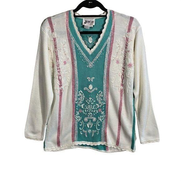 Vintage Vintage Joyce Pastel Floral Embroidered Grandmacore Sweater Size S / US 4 / IT 40 - 1 Thumbnail