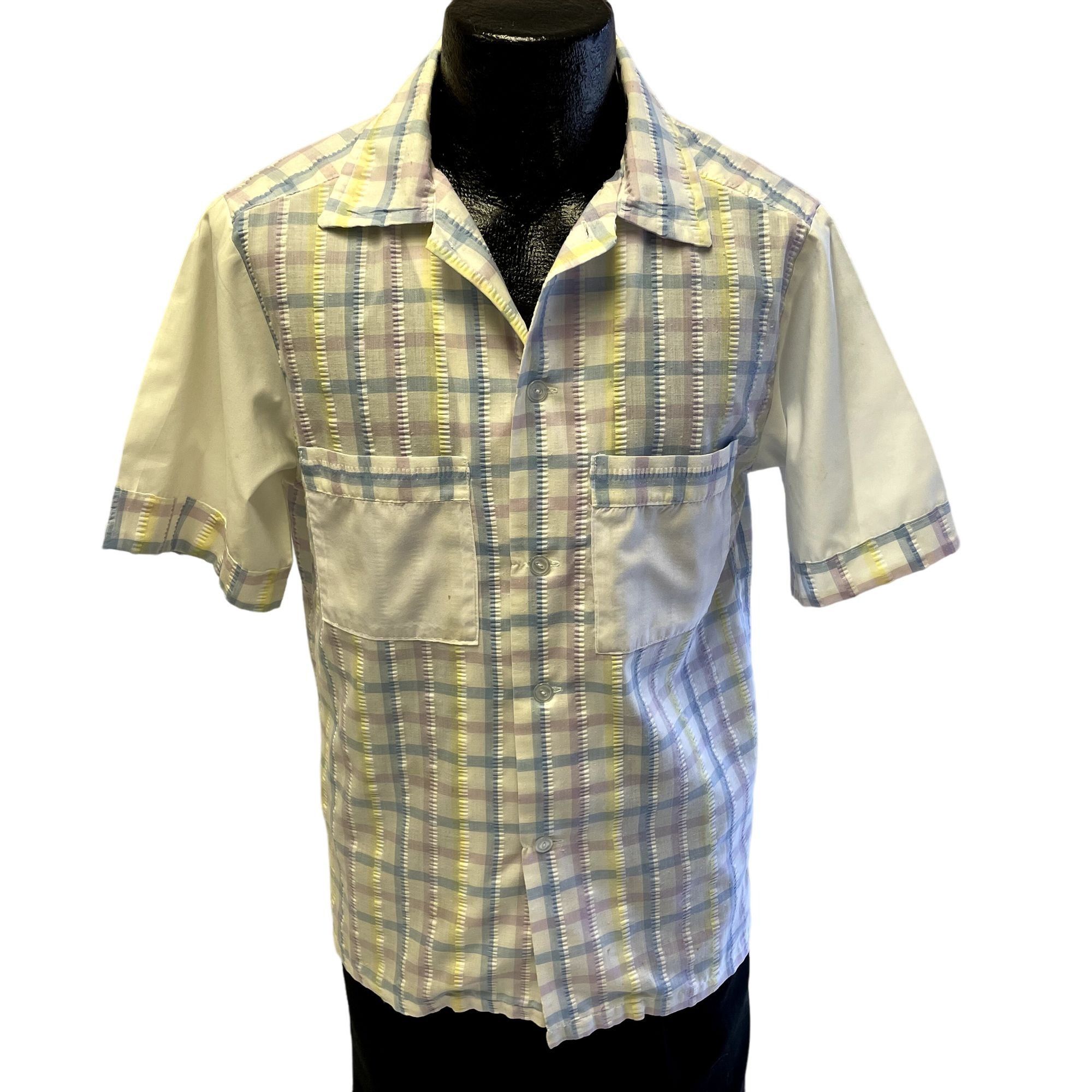 image of Unkwn 60's White Pastel Shadow Plaid Rockabilly Hawaiian Shirt L, Men's (Size Large)