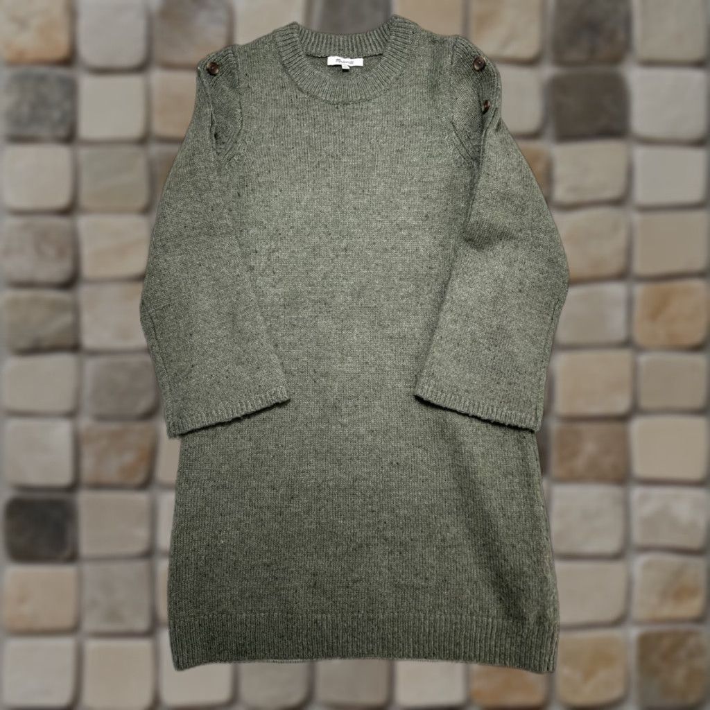 Madewell Sweater Dress Shirt Women S Green Button Sleeve Cozy Knit Crew Neck Pullover Short Dress