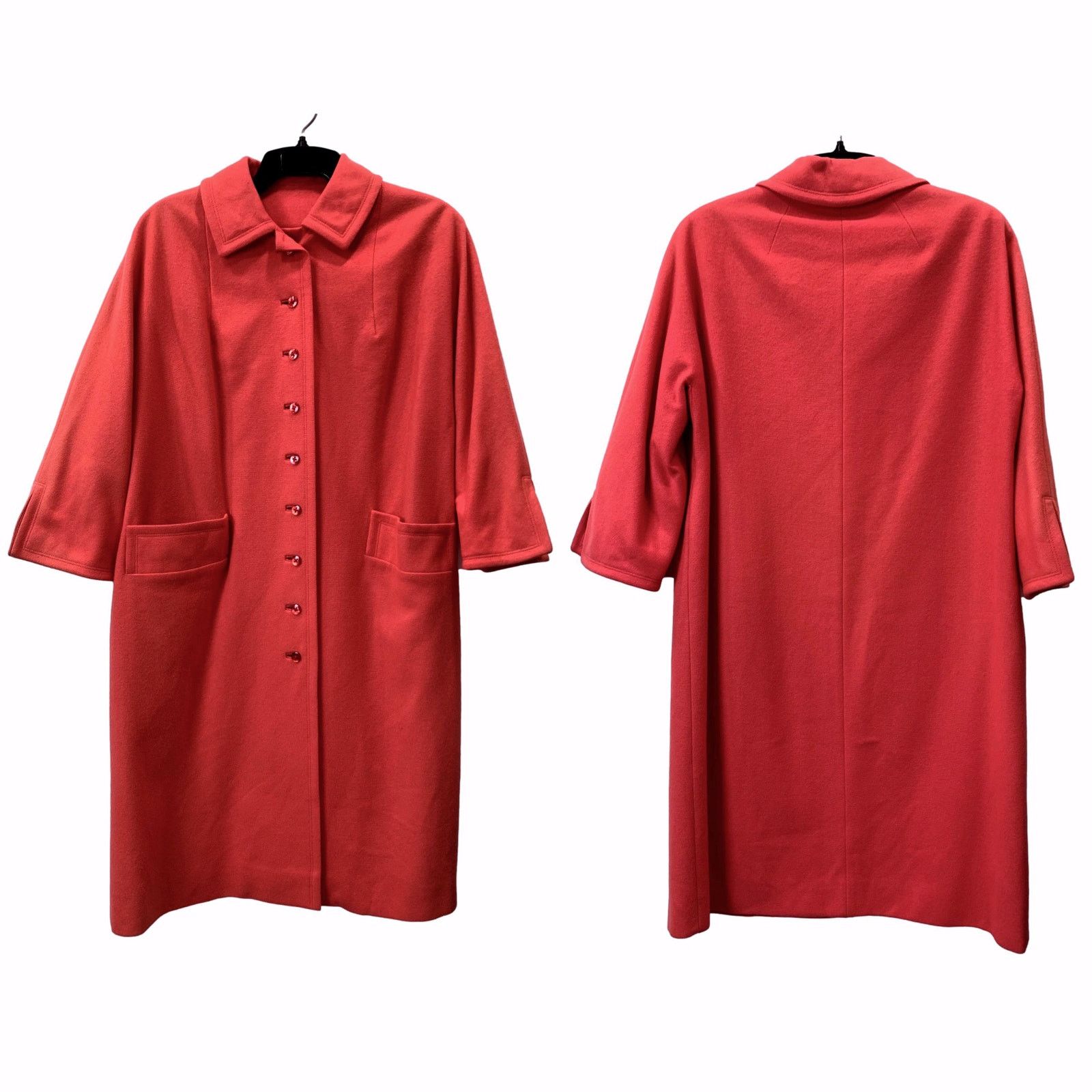 Vintage 60s Coral Orange Pink Wool Midi Coat | Overcoat Mid Century Size S / US 4 / IT 40 - 4 Thumbnail