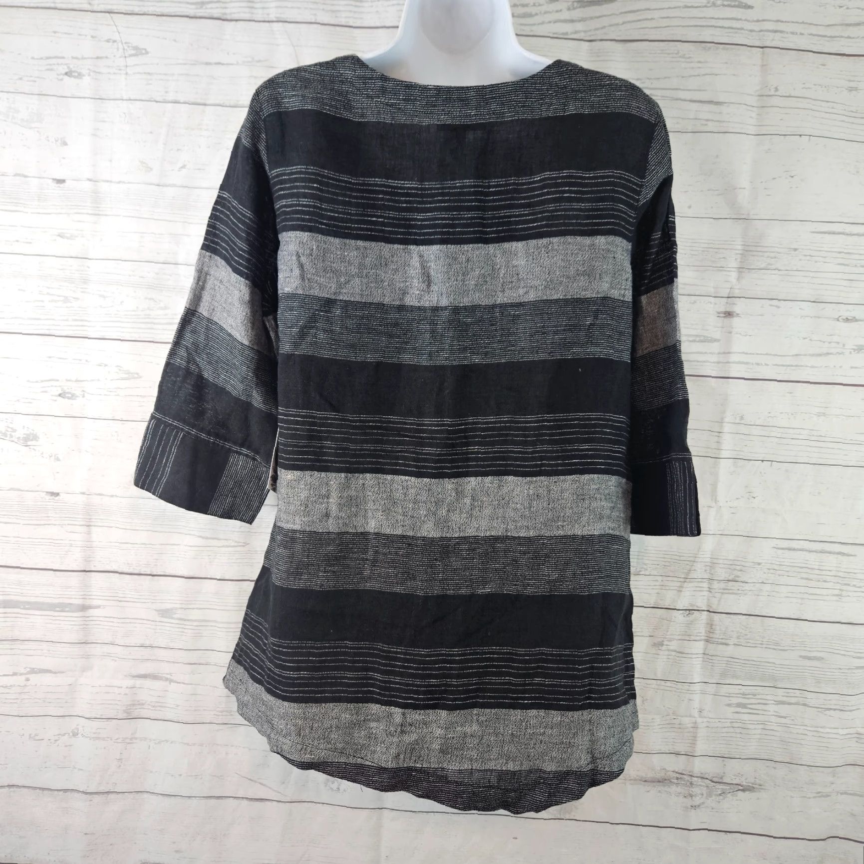 Habitat Habitat Womens Top Blouse Shirt 3/4 Sleeve Black Gray Linen Blend Asymmetrical Hem S Small Womens 90s? Size S / US 4 / IT 40 - 3 Thumbnail