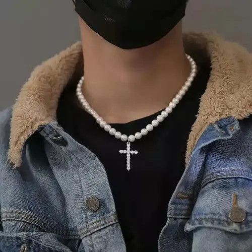Japanese Brand Punkrock Diamond Cross Glitter Pearls Necklace Chain Size ONE SIZE - 1 Thumbnail