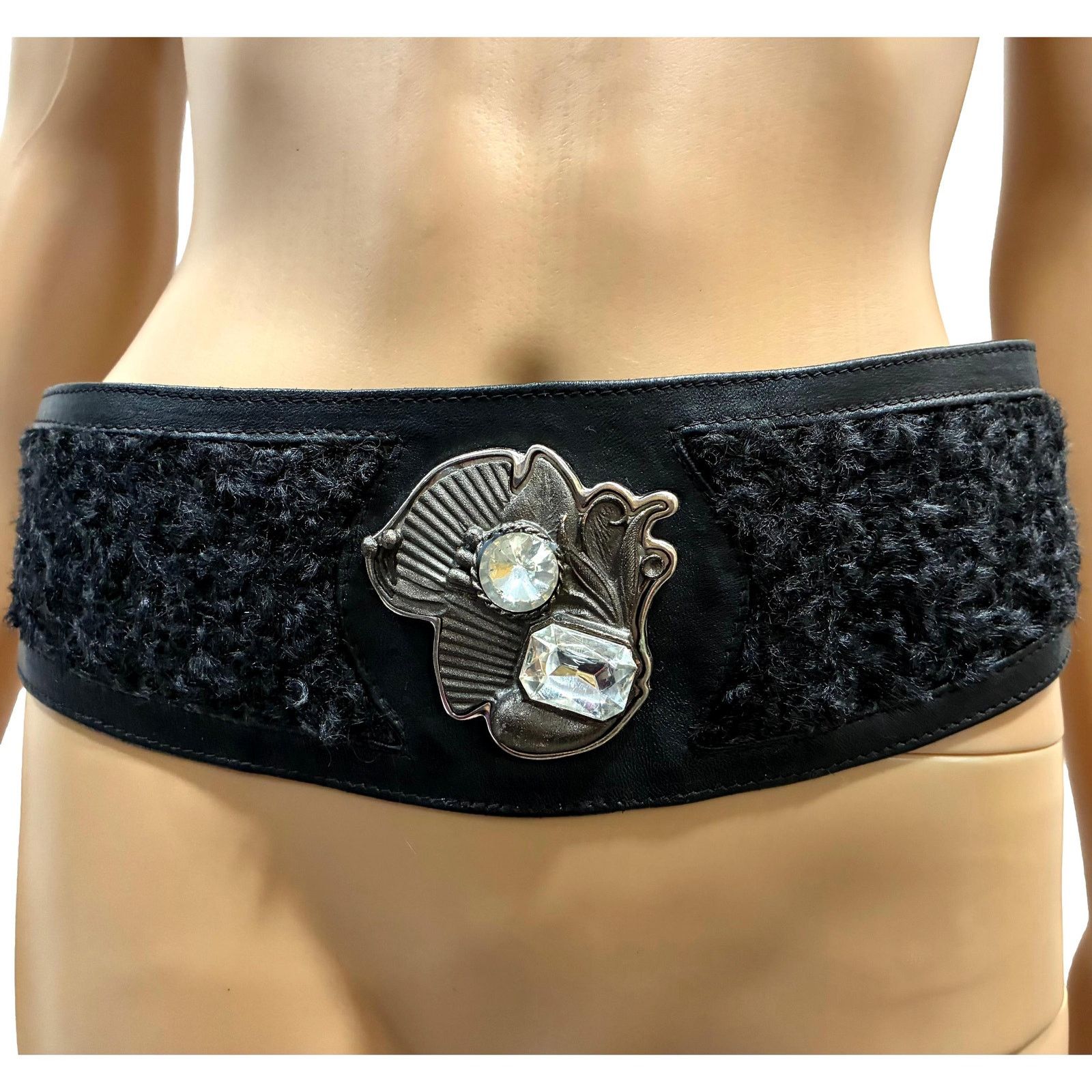Genuine Leather × Vintage 80s GLAM Black Leather Persian Lamb Wide Waist Belt Size ONE SIZE - 5 Thumbnail