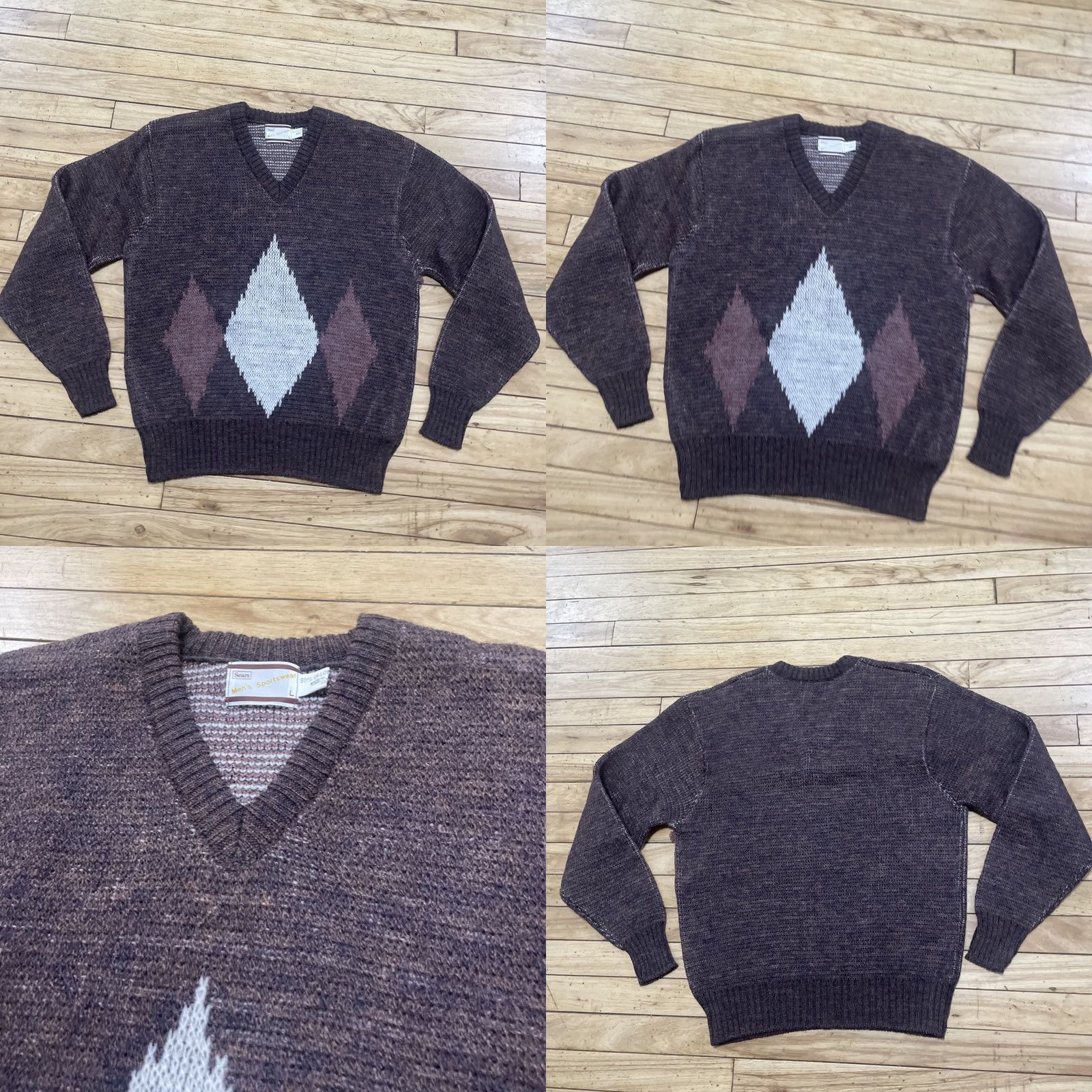 Sears VINTAGE Sears Men's Sportswear Wool Crop Vneck Argyle Sweater L Brown Orlon Acryllic Knit Pullover Geometric Pattern Mens Size US L / EU 52-54 / 3 - 11 Thumbnail