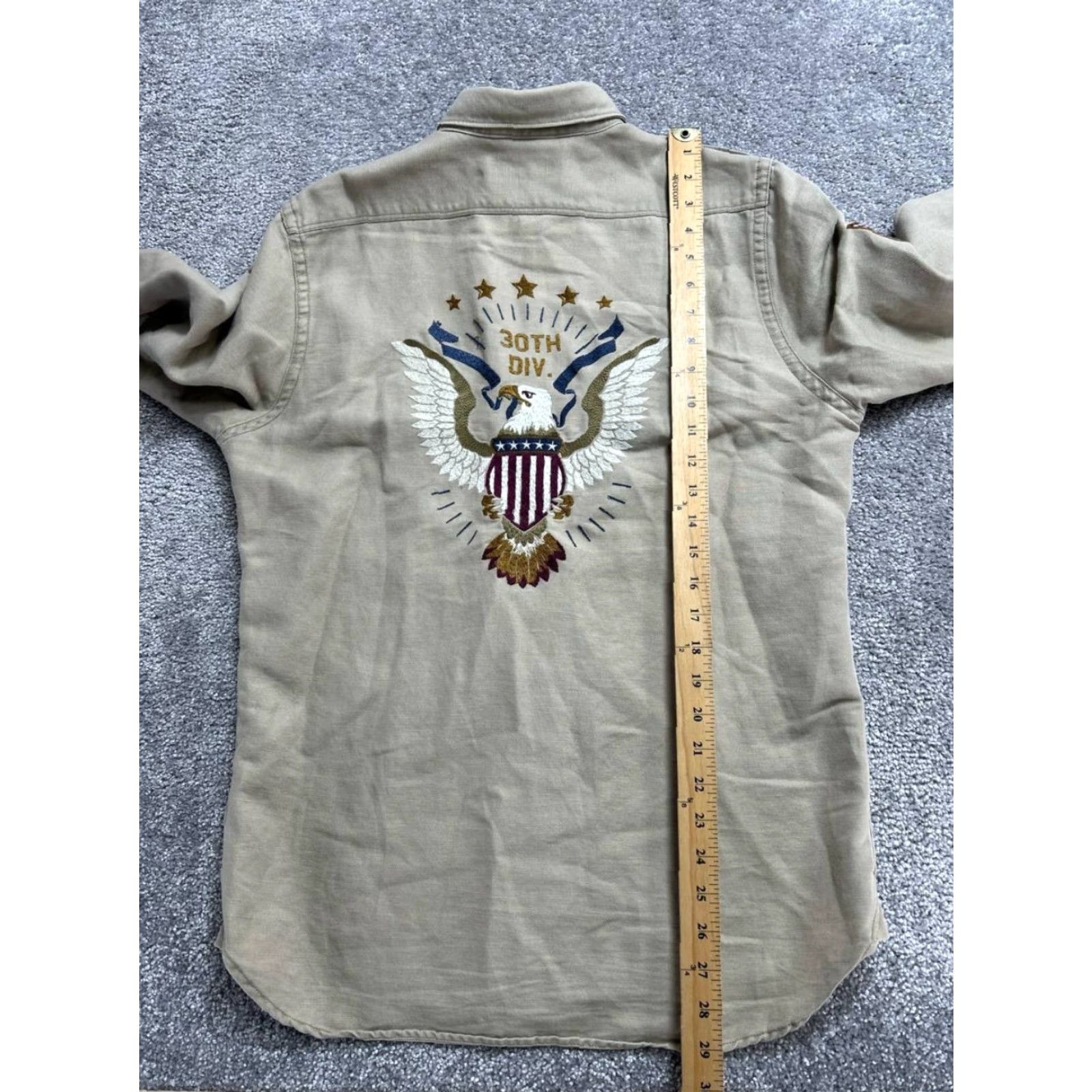 Express Express Military Shirt Mens M Beig e Linen 30th Division Eagle Embroidered Shirt Size US M / EU 48-50 / 2 - 4 Thumbnail