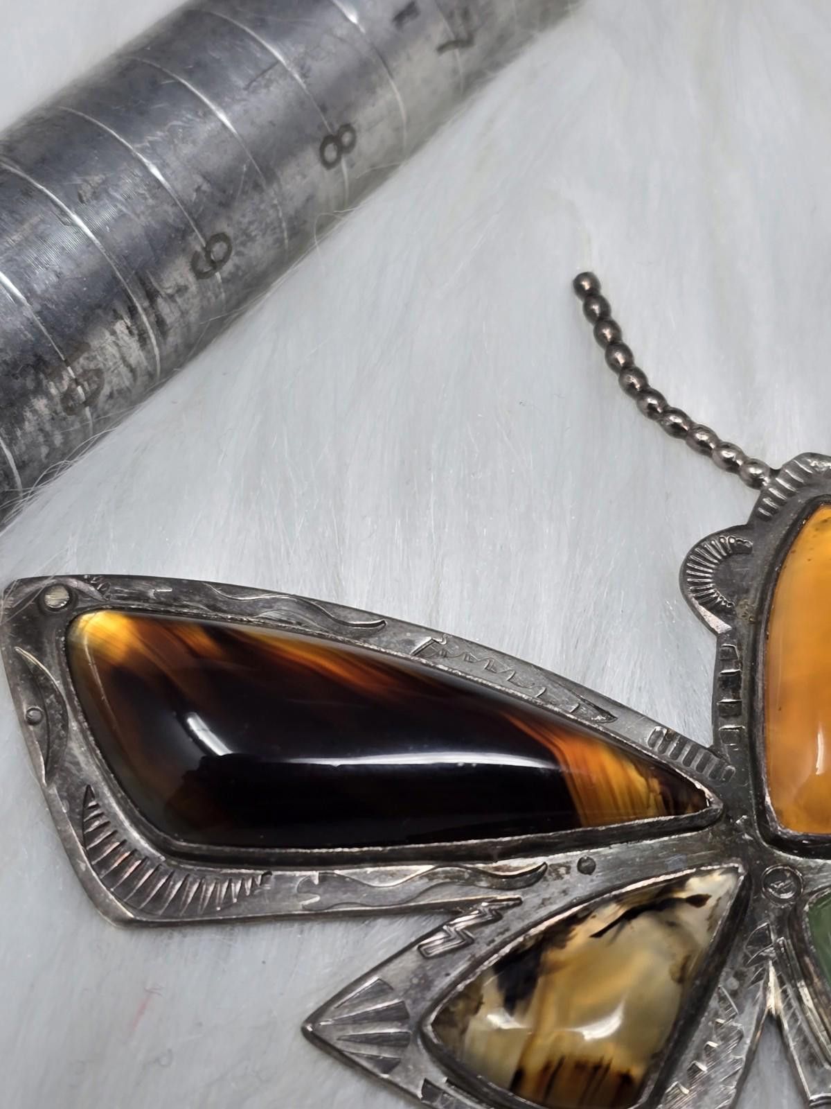 Other Artisan Huge 4" 925 Silver Agate Gaspeite Moth Brooch 50g Size ONE SIZE - 6 Thumbnail