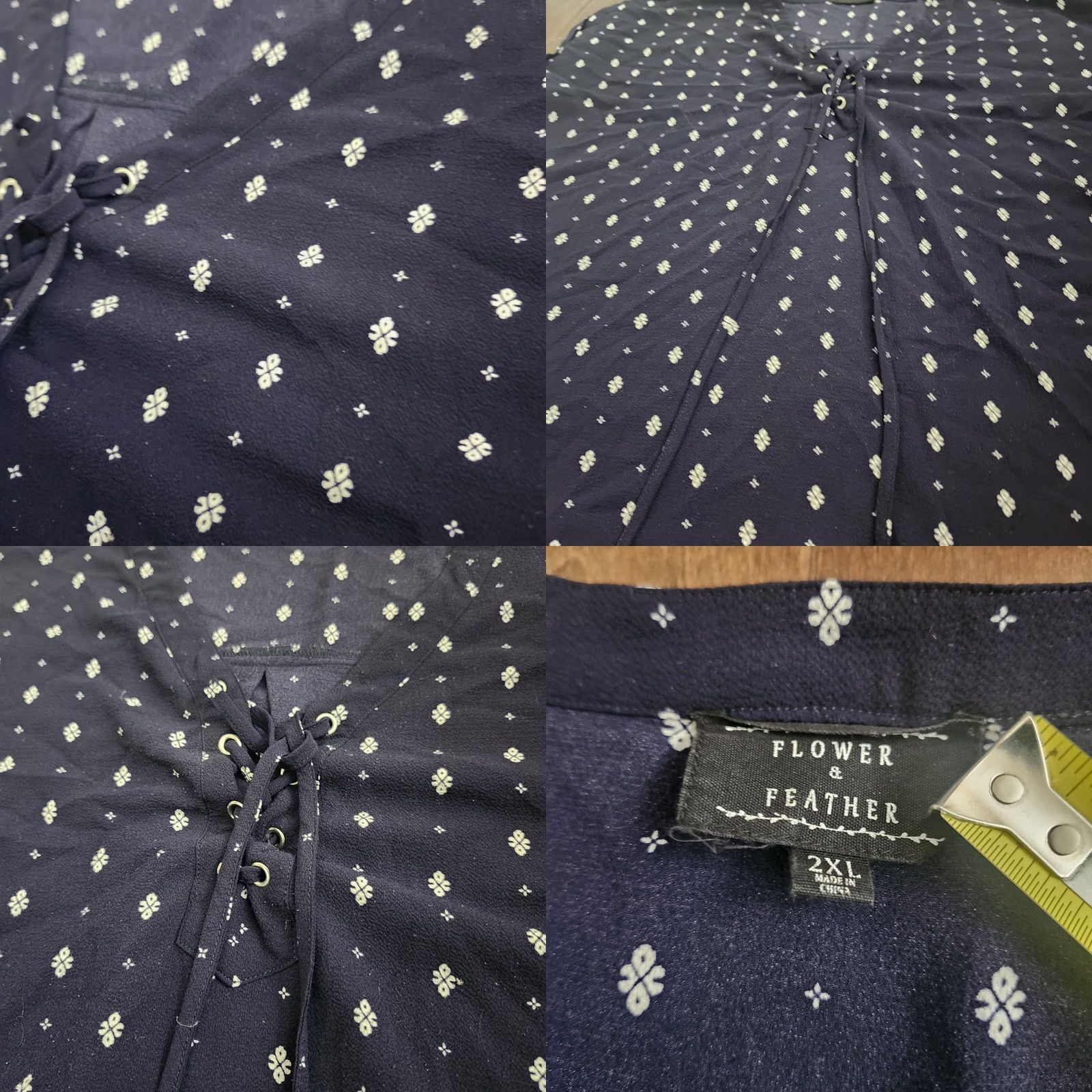 Vintage VINTAGE Flower & Feather Womens 2XL Navy Blue Lace Up Floral Short Sleeve Blouse Size XXL / US 16-18 / IT 52-54 - 8 Thumbnail