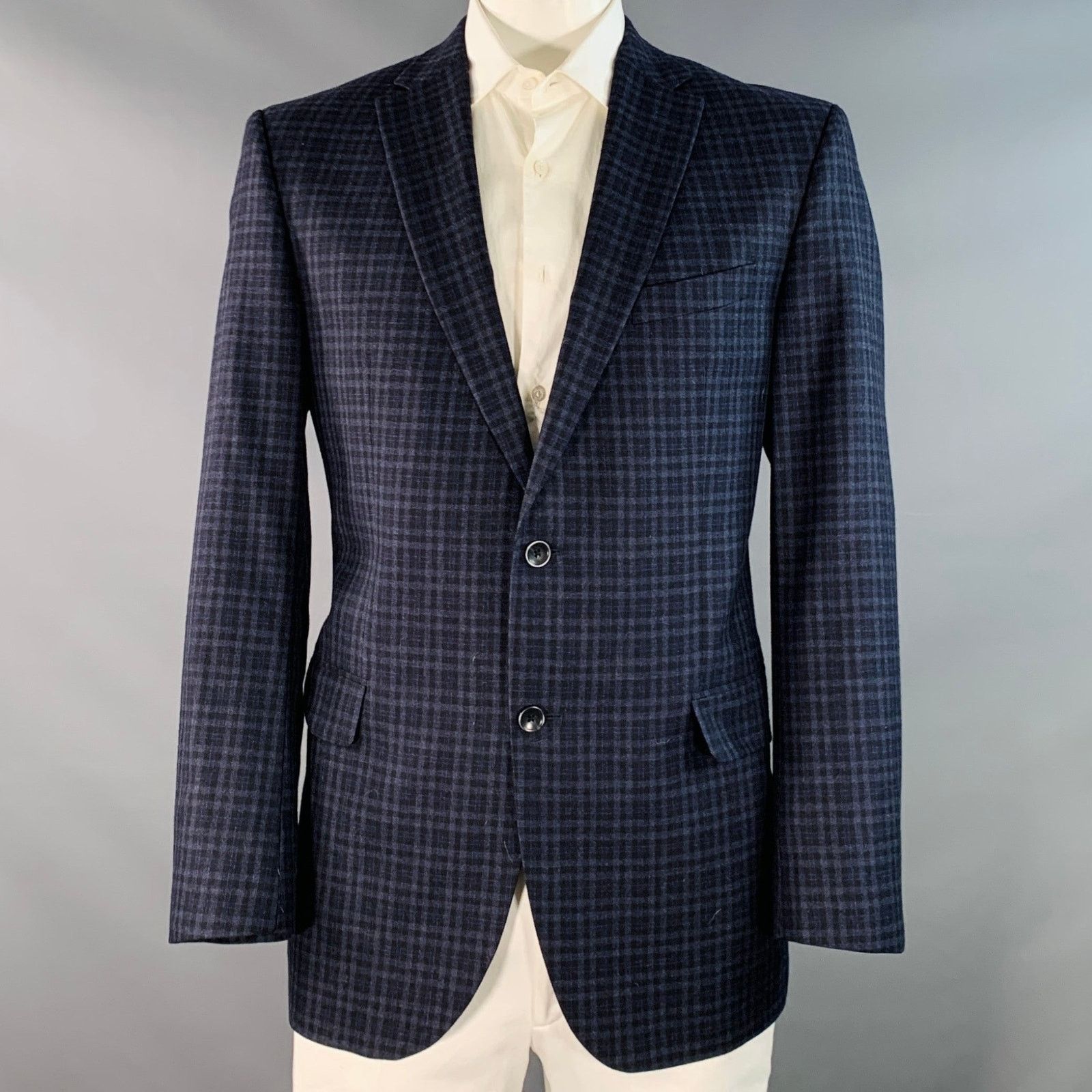 Piattelli Size 44 Navy Black Checkered Wool Single Breasted Sport Coat Size 44L - 1 Thumbnail