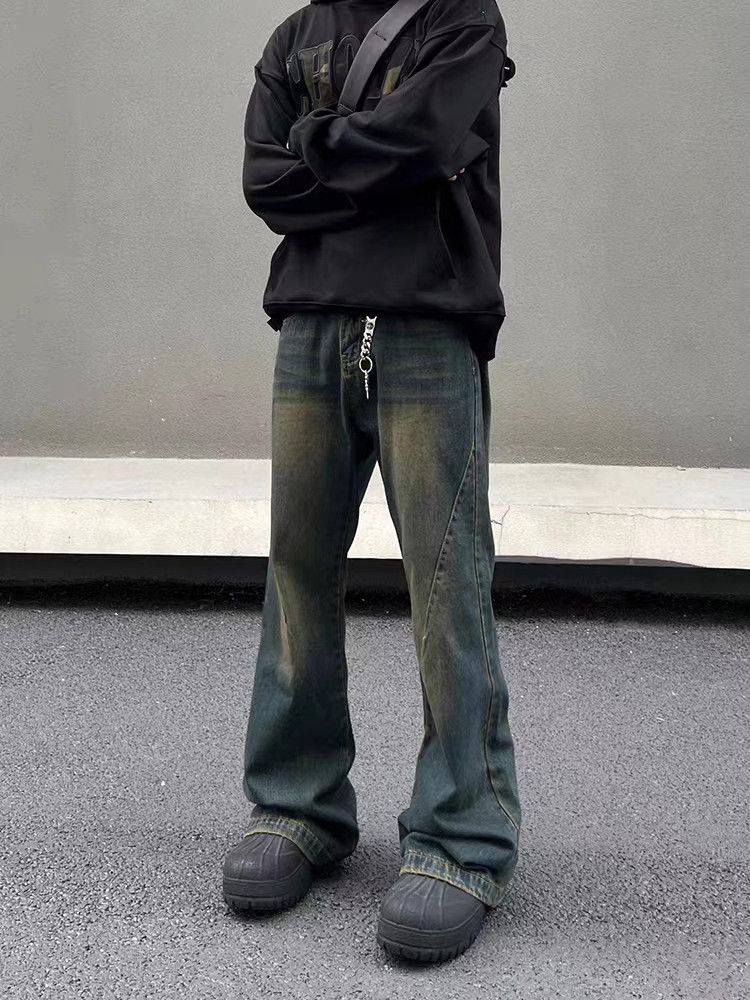 Vintage washed distressed mud-dyed micro-flared jeans