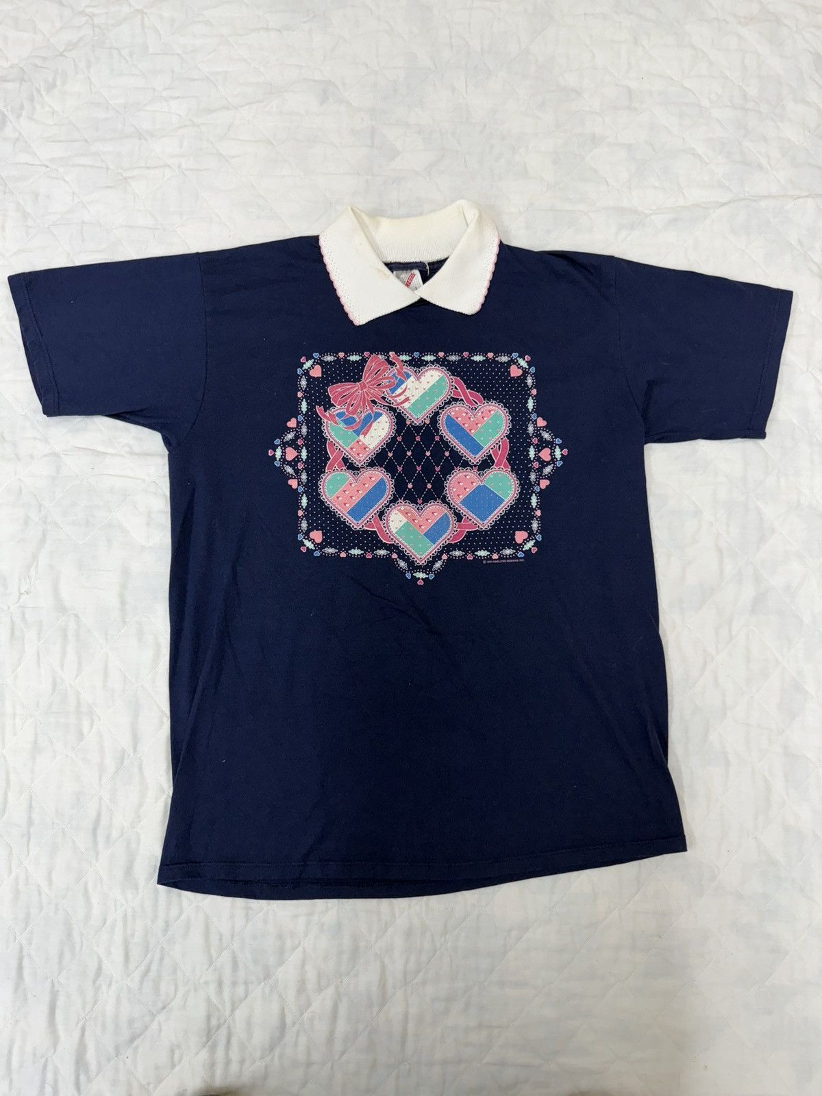 Jerzees Vintage 90s Patchwork Hearts Collared T-Shirt Size US L / EU 52-54 / 3 - 1 Thumbnail