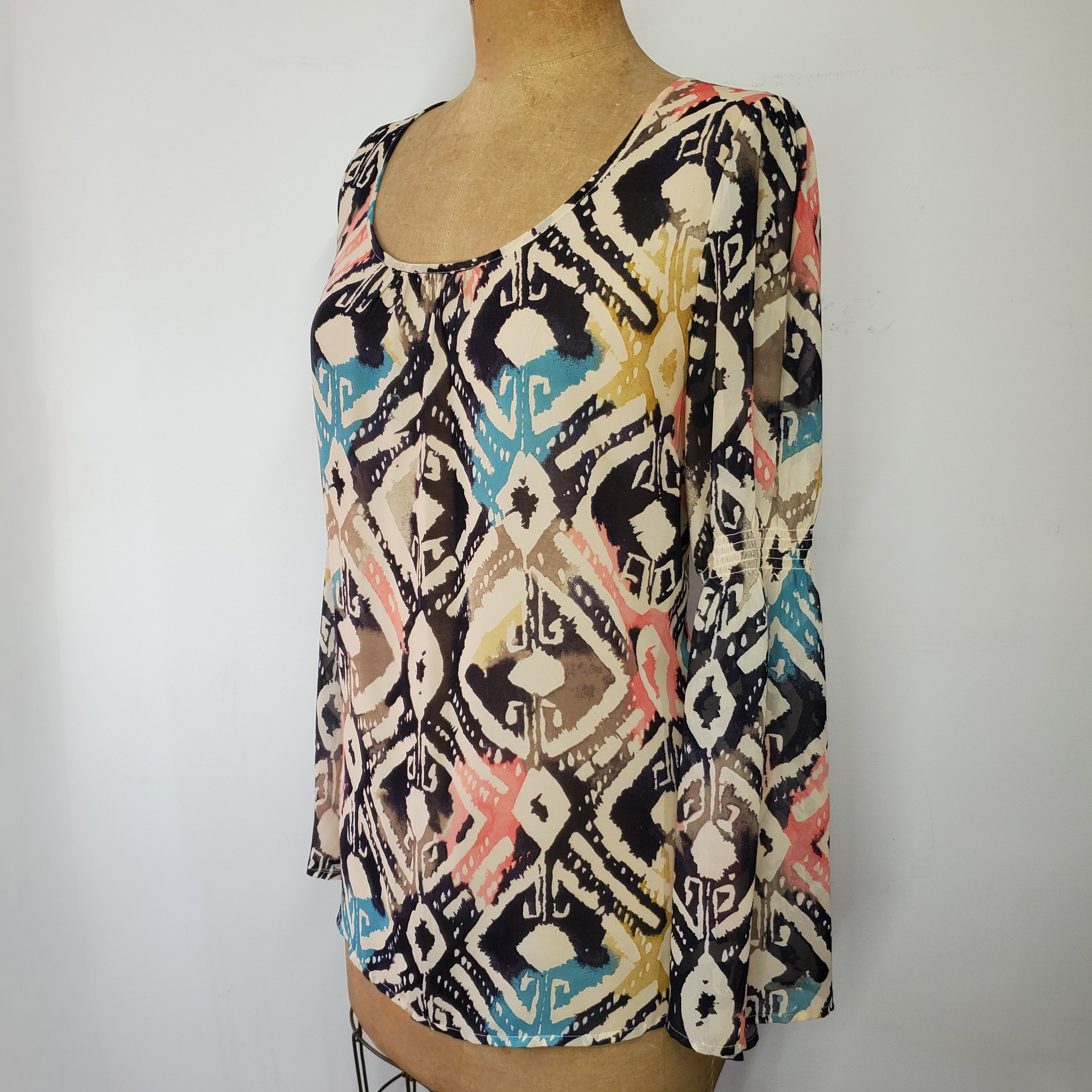 Other Blu Pepper Size L Blouse Long Bell Sleeve Ikat Pink Blue Size L / US 10 / IT 46 - 3 Thumbnail