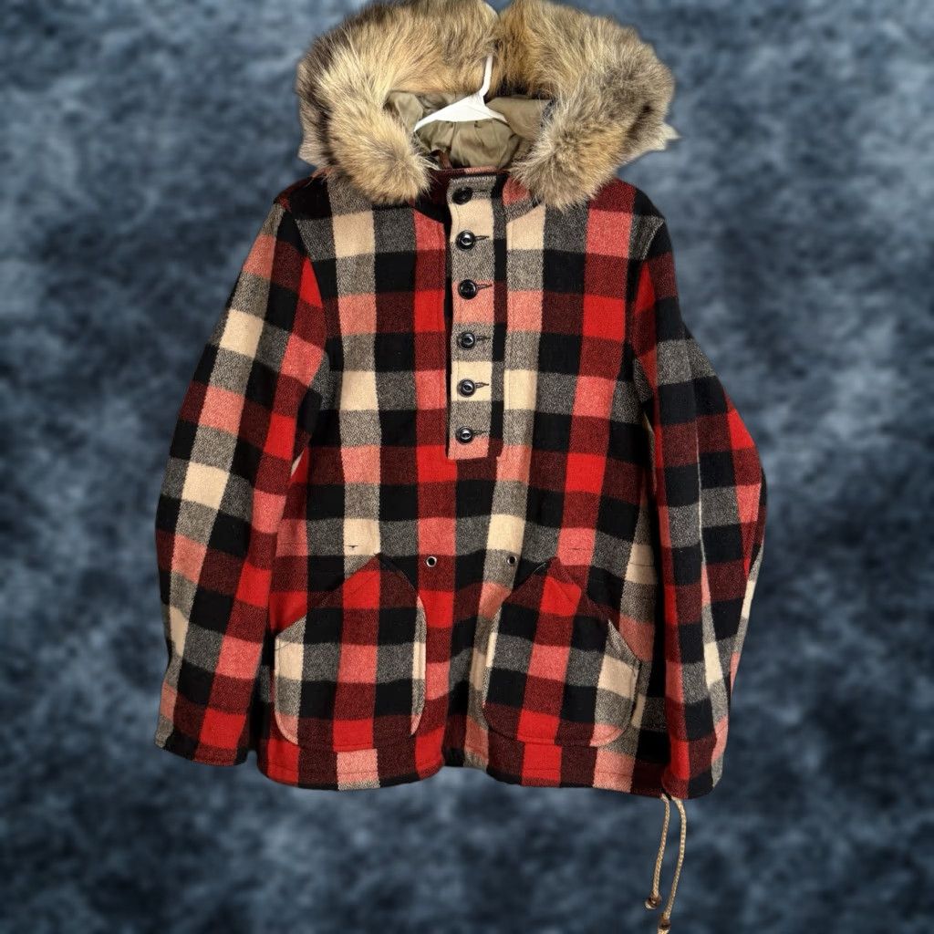 VINTAGE Schott Bros Plaid Wool Coat Adult Small Red Fur Hood Anorak Mens