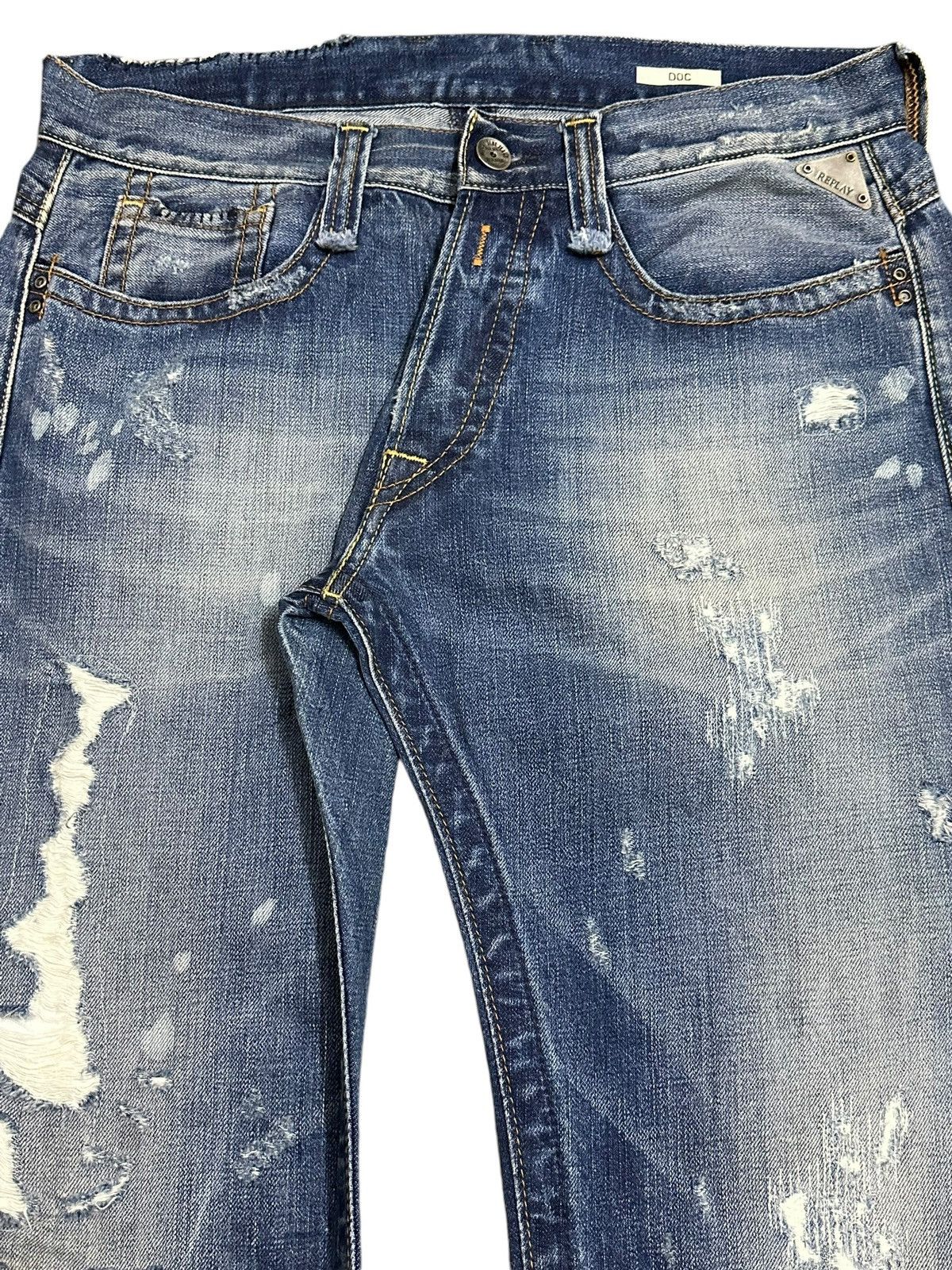 Designer Vintage Replay Blue Wash Style Distressed Loose Jeans Size US 33 - 4 Thumbnail