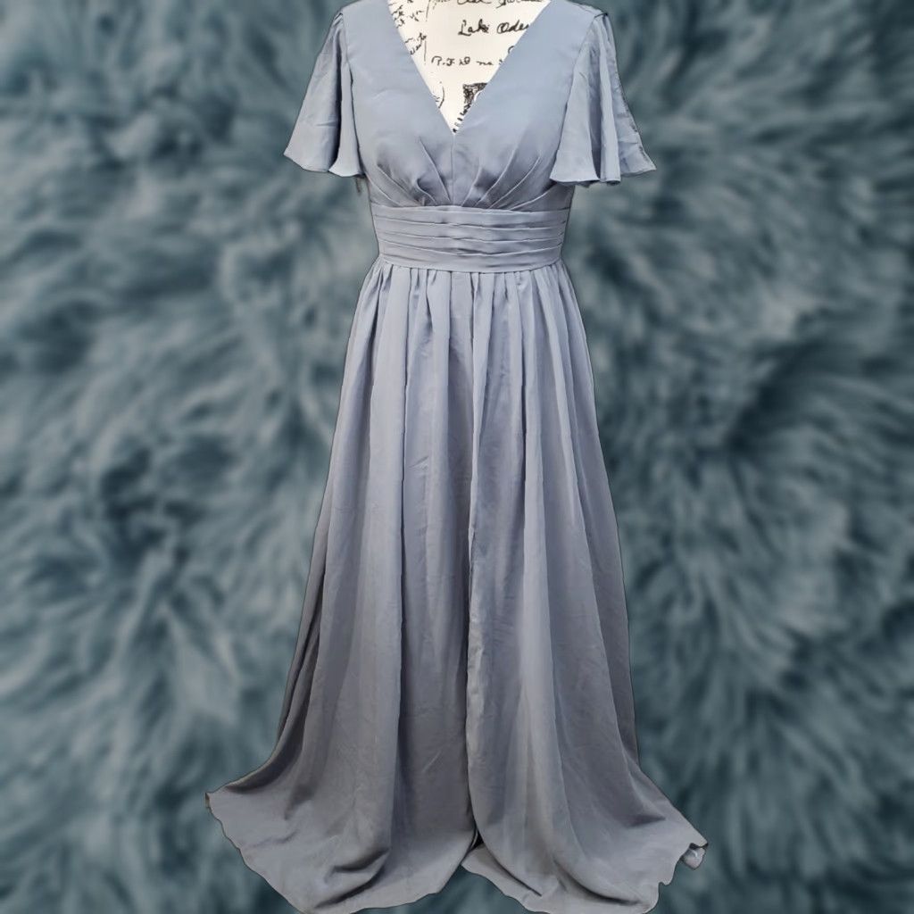 Vintage Womens Maxi Dress Size 6 Blue V-Neck Flutter Sleeve Pleated Wrap Wedding Party Size M / US 6-8 / IT 42-44 - 1 Thumbnail