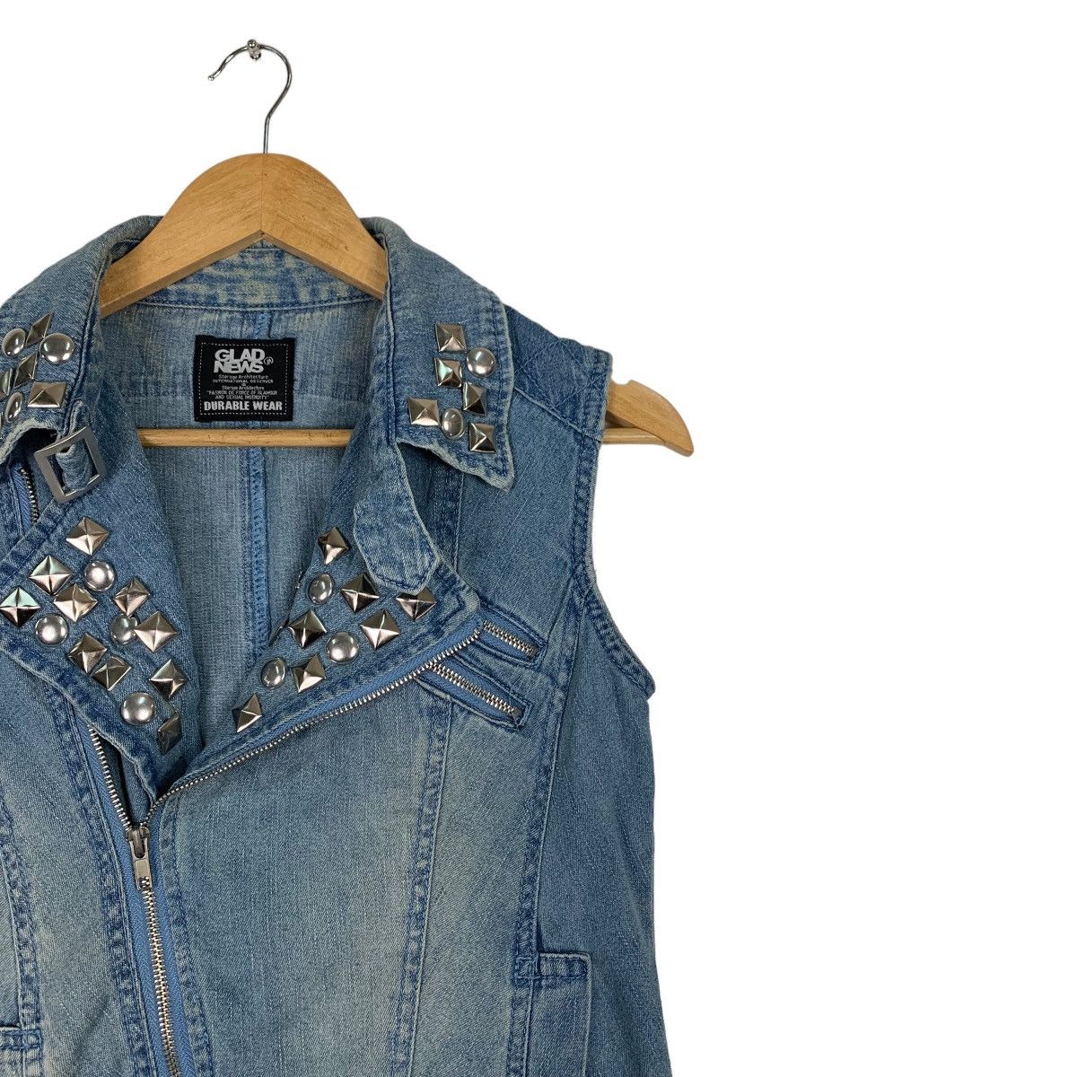 Japanese Brand GLAD NEWS Studded Double Collar Denim Vest #1092-C50 Size XS / US 0-2 / IT 36-38 - 5 Thumbnail