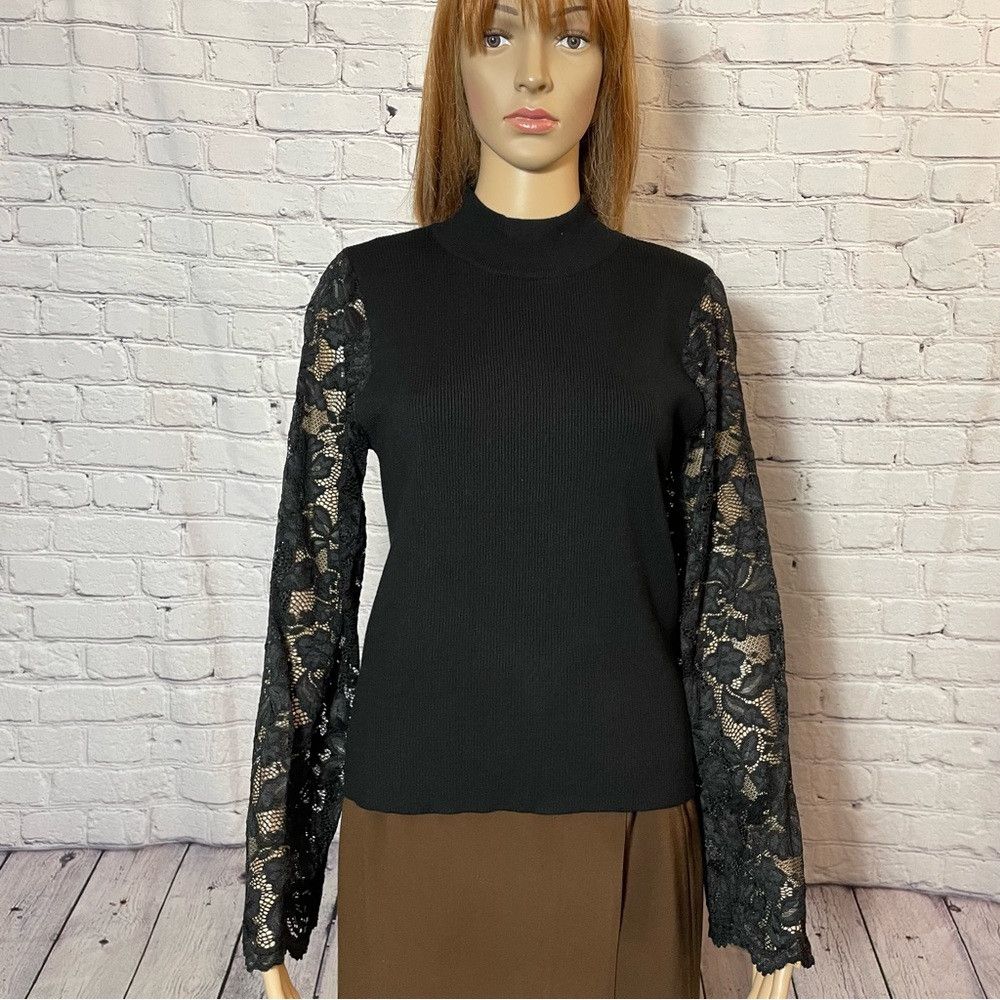 Vince Camuto NWT New $89 Vince Camuto Lace Long Sleeve Mock Neck Black S Size L / US 10 / IT 46 - 2 Thumbnail