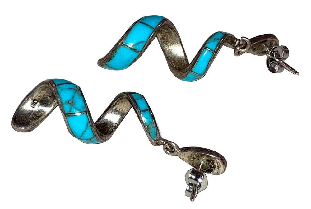 Designer Mexican Sterling Turquoise Spiral Drop Dangle Earrings Size ONE SIZE - 3 Thumbnail