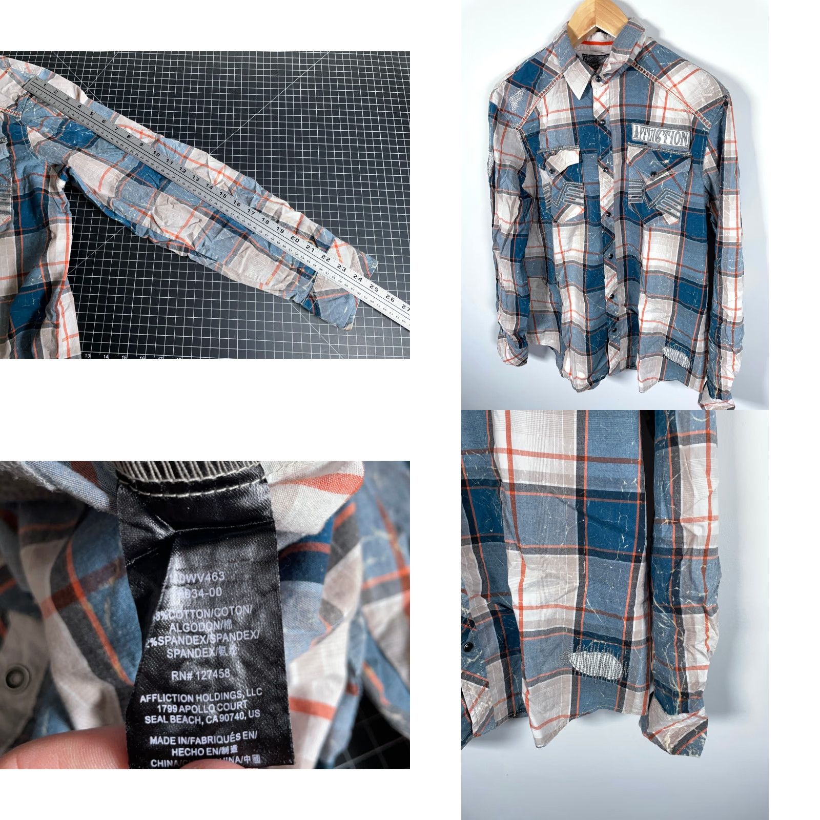 Affliction Affliction Shirt Western Plaid Long Sleeve Button-Up XL Men Blue Cotton Spandex Faux Distressing Embroideries Pearl Snap XLarge Vintage No Size US XL / EU 56 / 4 - 8 Thumbnail