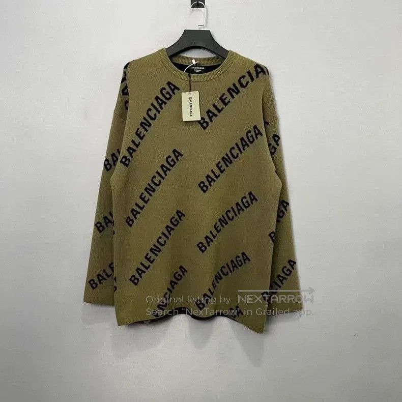 Balenciaga Balenciaga Olive Green Bulletproof Text Logo Knit Sweater Size US M / EU 48-50 / 2 - 1 Thumbnail