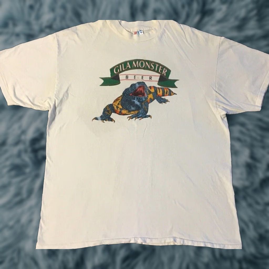 Vtg 90s Gila Monster Beer Faded Distress Shirt XXL White Men T-Shirt Bar Biker Humor Rock Grunge Retro USA