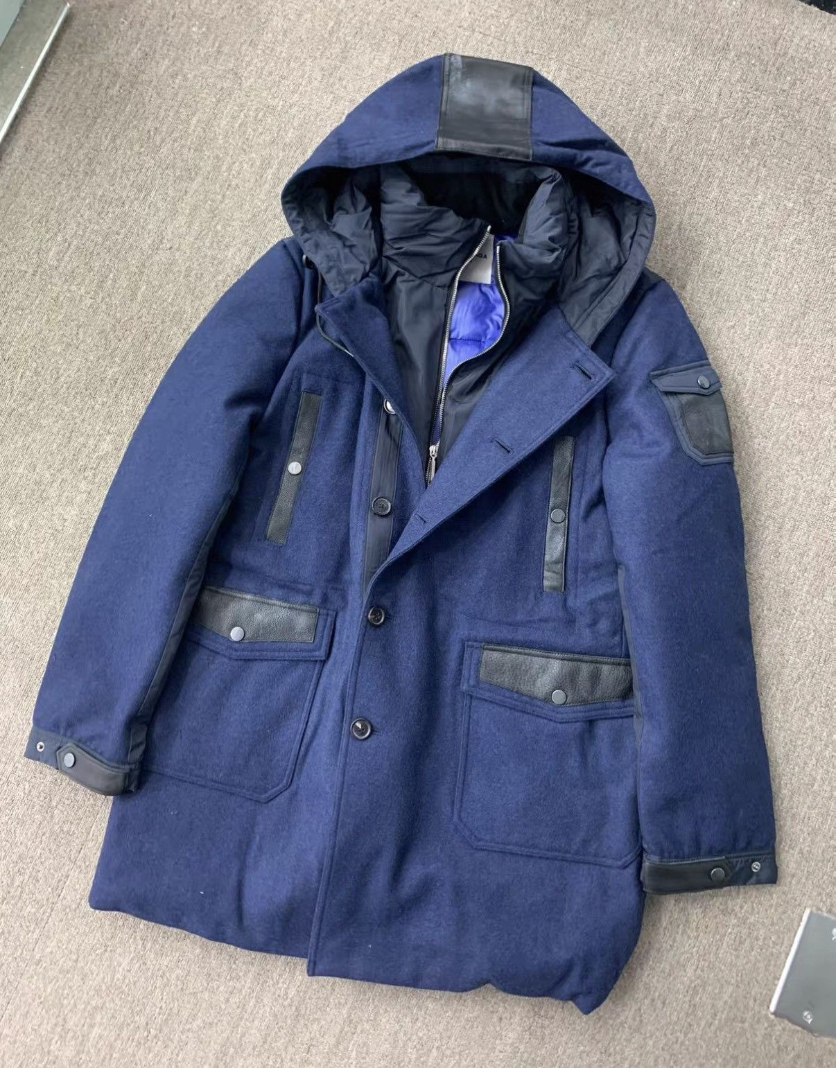 Balenciaga BALENCIAGA Blue Wool Coat with Calfskin Panels Size US XL / EU 56 / 4 - 1 Thumbnail