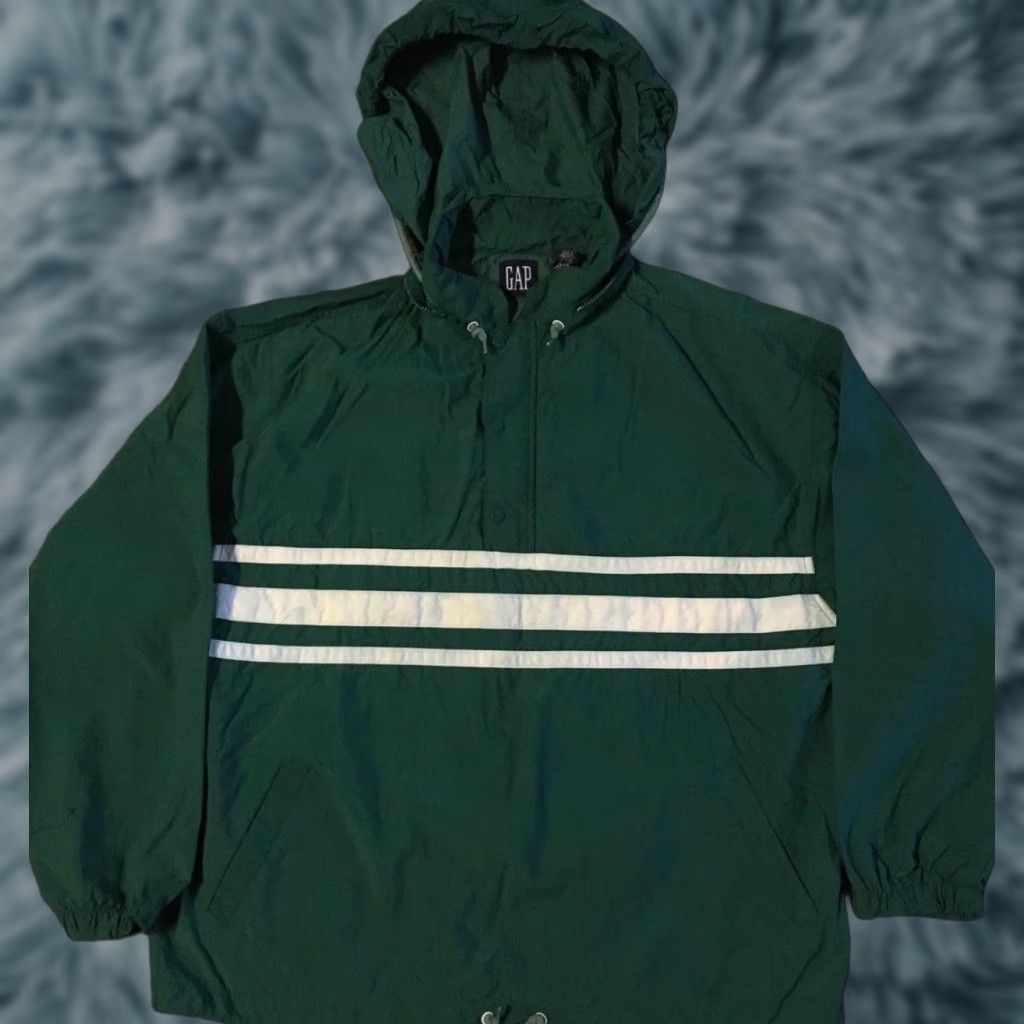Quiksilver Vtg 90s GAP Striped Jacket L Anorak Surf Skate Vaporwave Grunge OP Quiksilver Windbreaker 1/4 Zip Hooded Pockets Green Mens Jacket Size US L / EU 52-54 / 3 - 1 Thumbnail