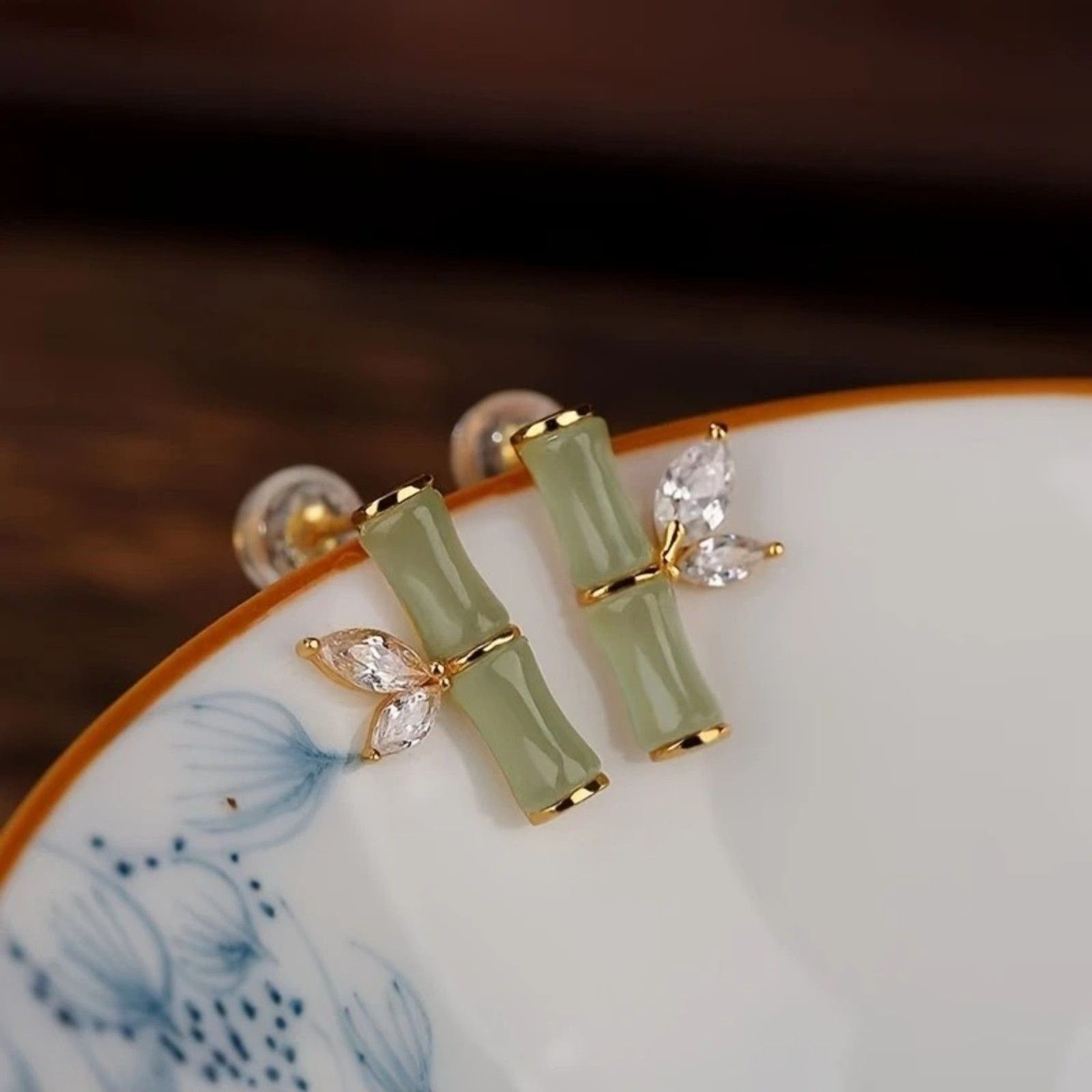 Other Dainty Elegant Bamboo Faux Jade Stud Earrings Crystal Accent Size ONE SIZE - 6 Thumbnail
