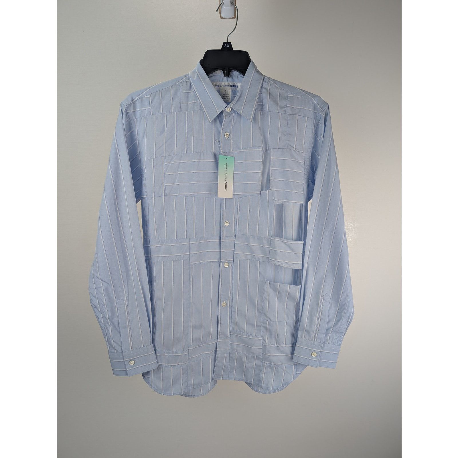 o1rshd1 Blue Cutout Patchwork Button Up Shirt in Light Blue